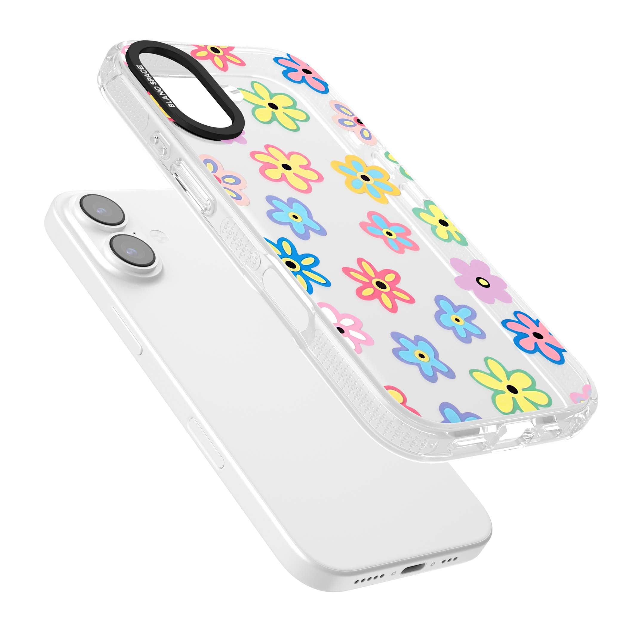 Bloom Pop cottagecore iPhone case featuring multicolor pastel flowers with black centers on clear background | Clear Case Impact Air case for iPhone 17