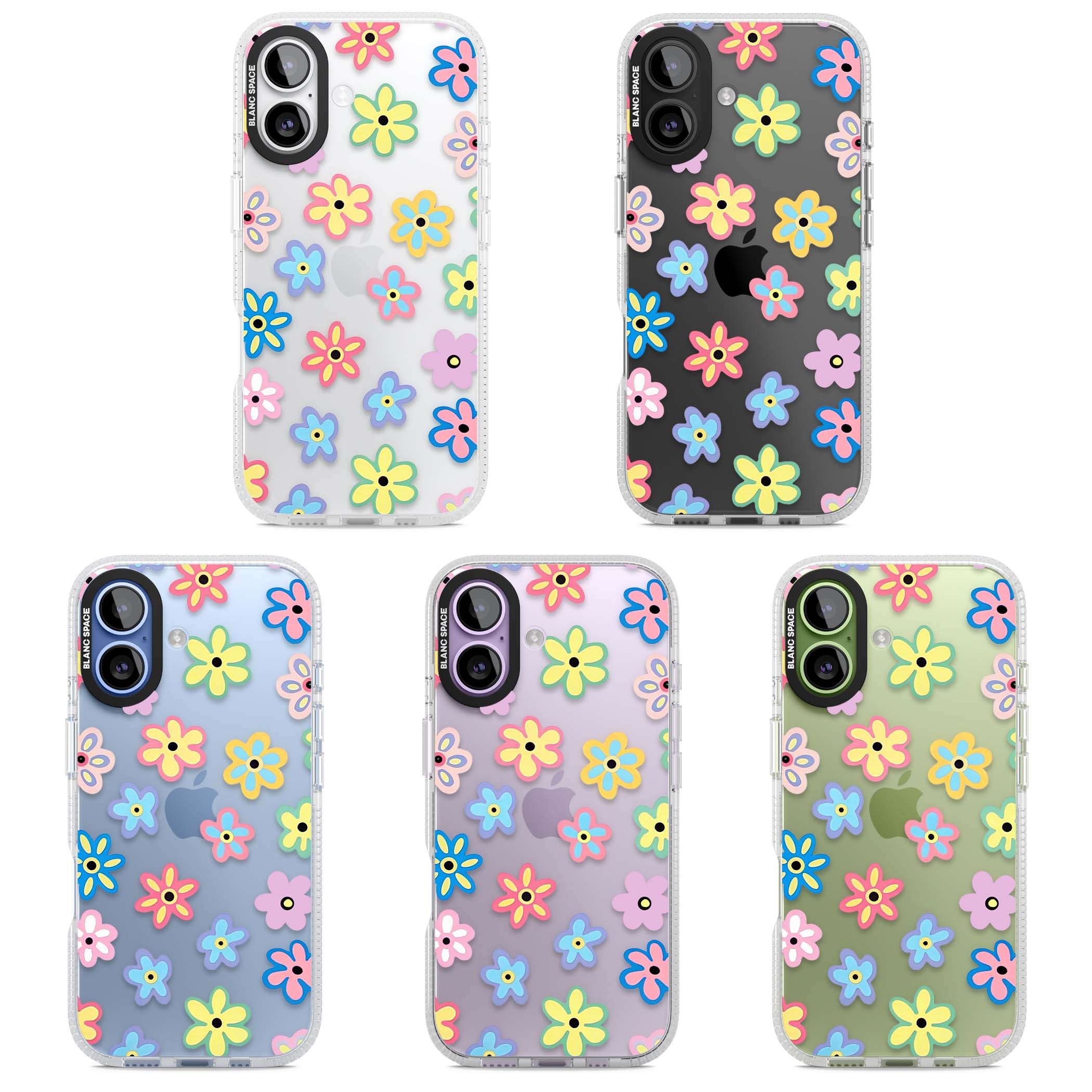 Bloom Pop cottagecore iPhone case featuring multicolor pastel flowers with black centers on clear background | Clear Case Impact Air case for iPhone 17
