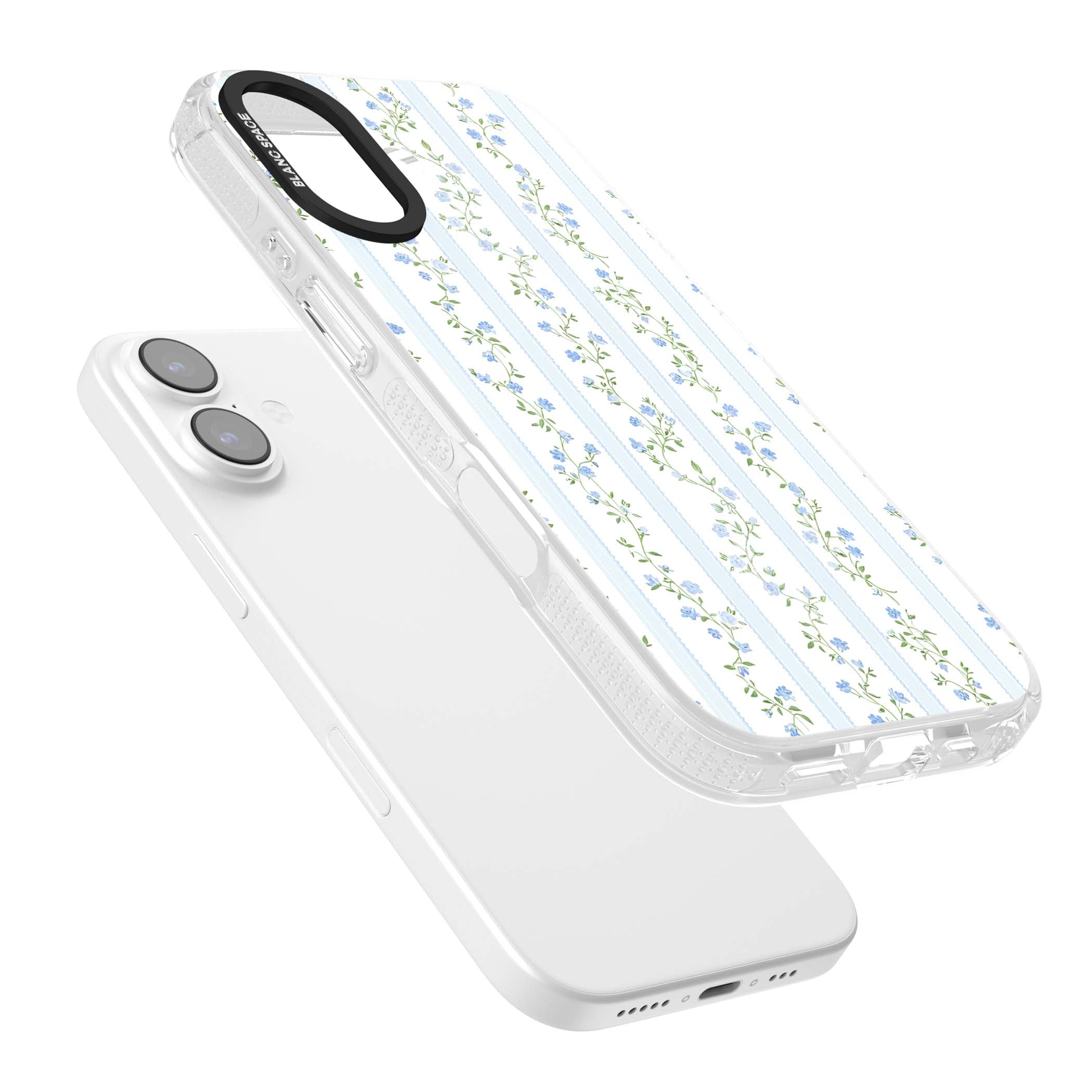Bluebell Vine cottagecore iPhone case featuring climbing blue roses, trailing green vines, and pale ticking stripes | Clear Case Impact Air case for iPhone 17