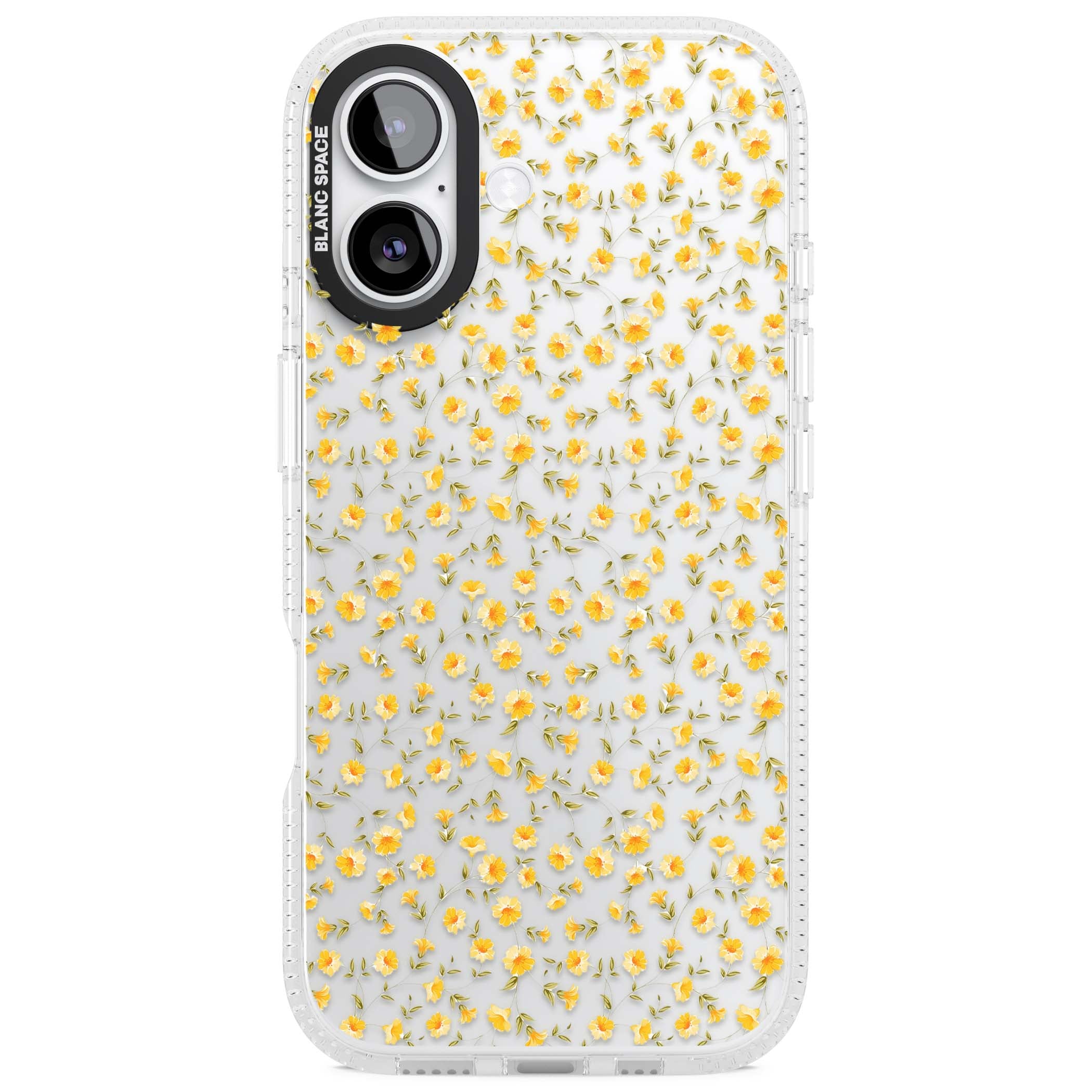 Buttercup wildflower iPhone case featuring tiny yellow flowers and trailing green vines on clear | Clear Case Impact Air case for iPhone 17