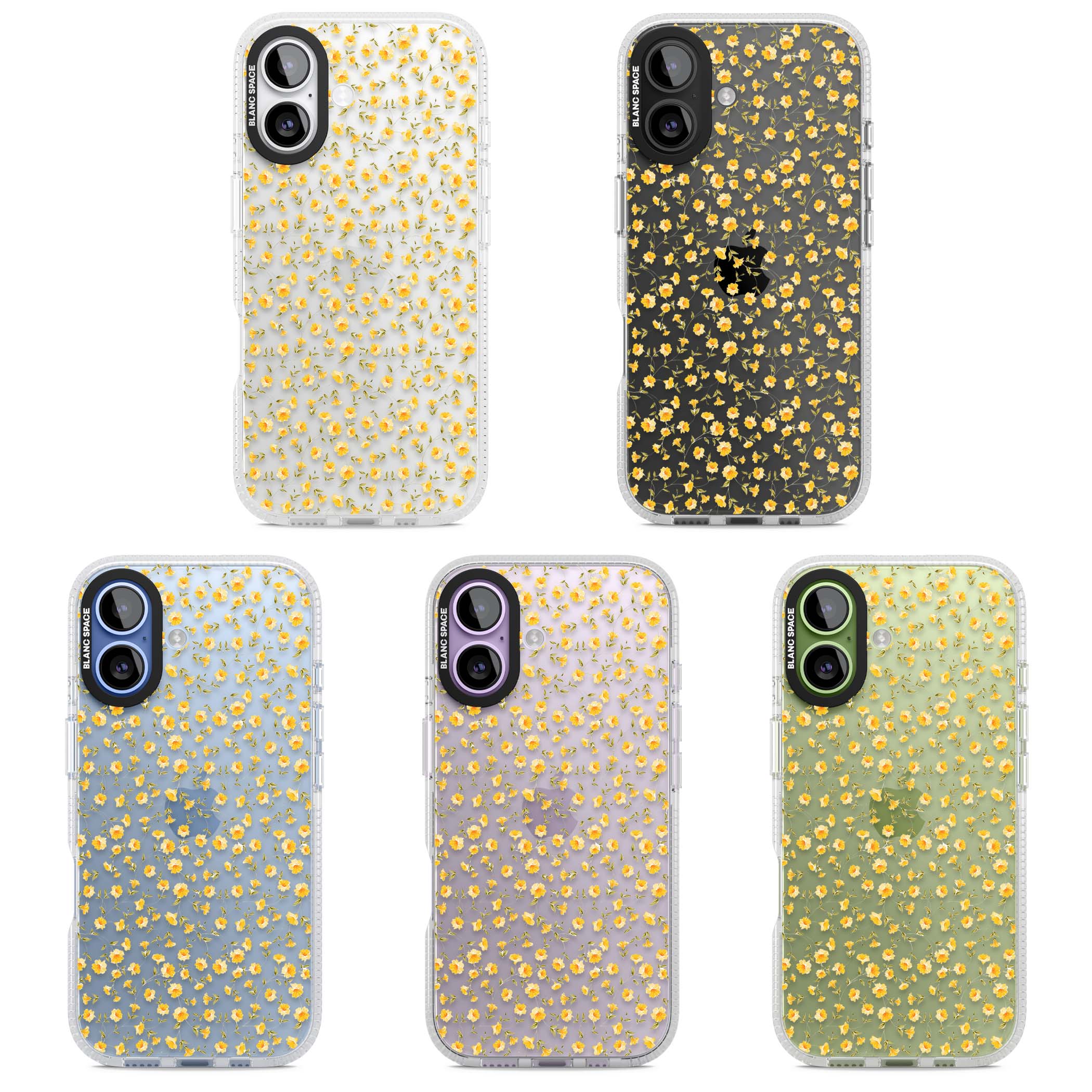 Buttercup wildflower iPhone case featuring tiny yellow flowers and trailing green vines on clear | Clear Case Impact Air case for iPhone 17