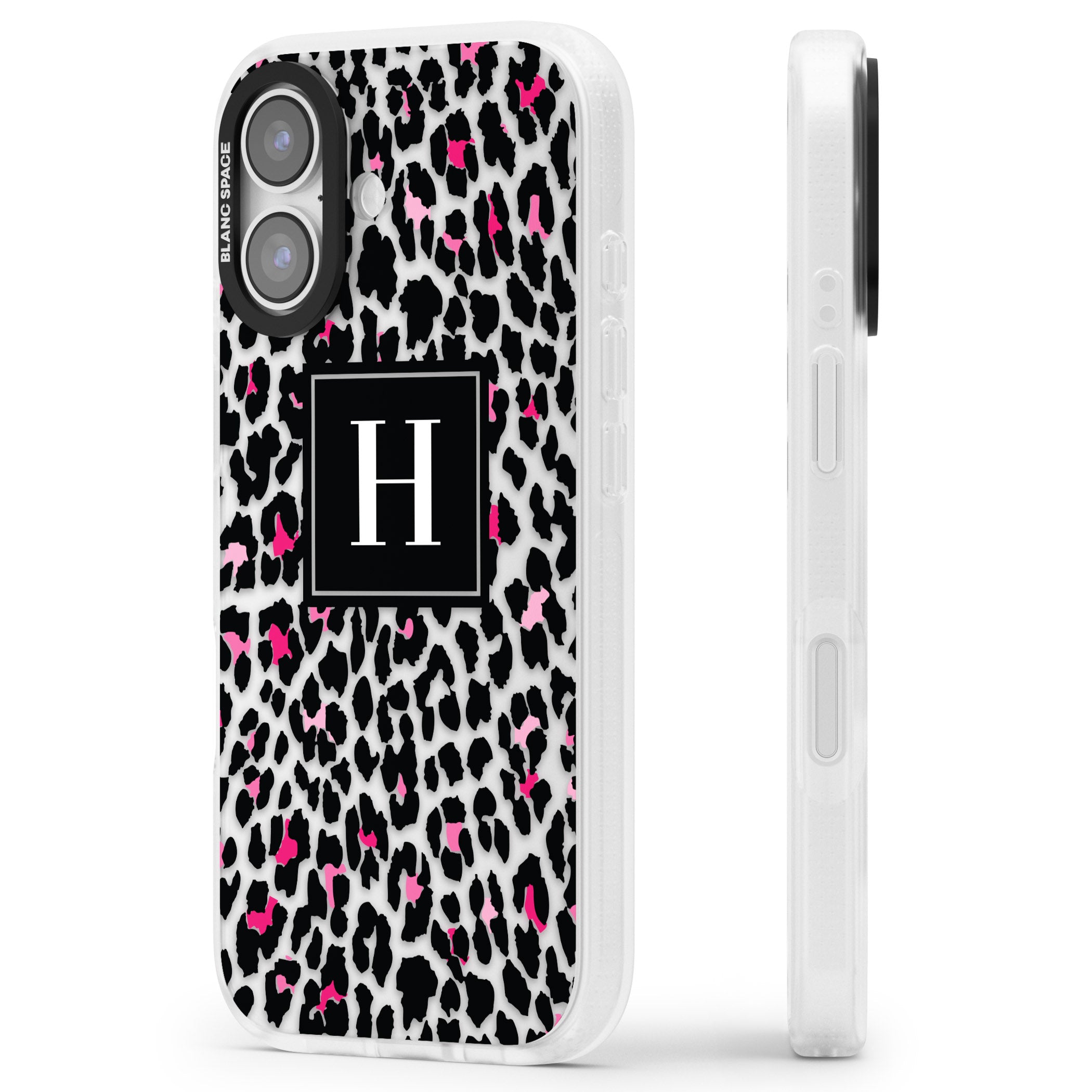 Personalised Clear Pink Leopard Monogram iPhone 17 Impact Air Clear Phone Case Side Profile