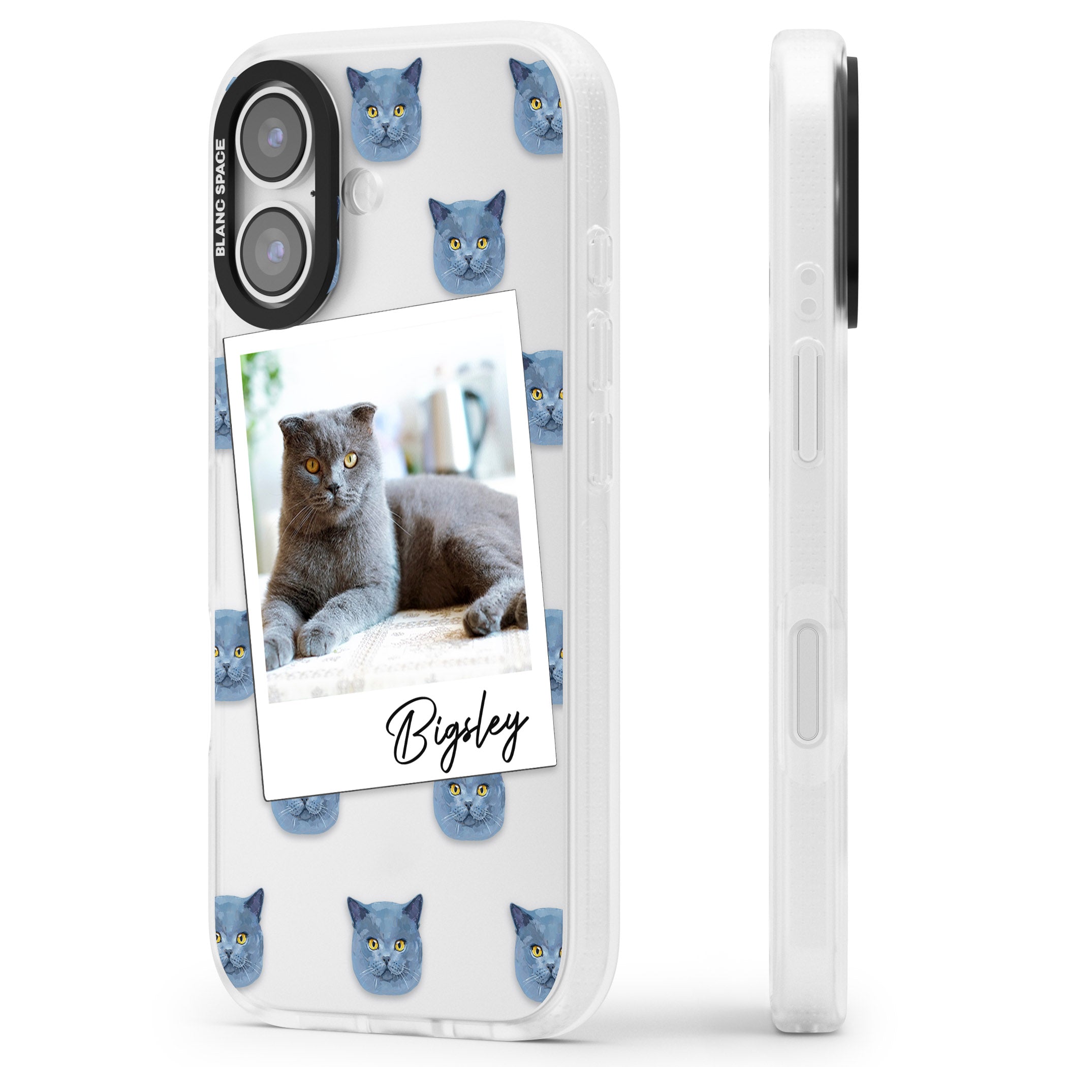 Personalised English Blue Cat Photo iPhone 17 Impact Air Clear Phone Case Side Profile