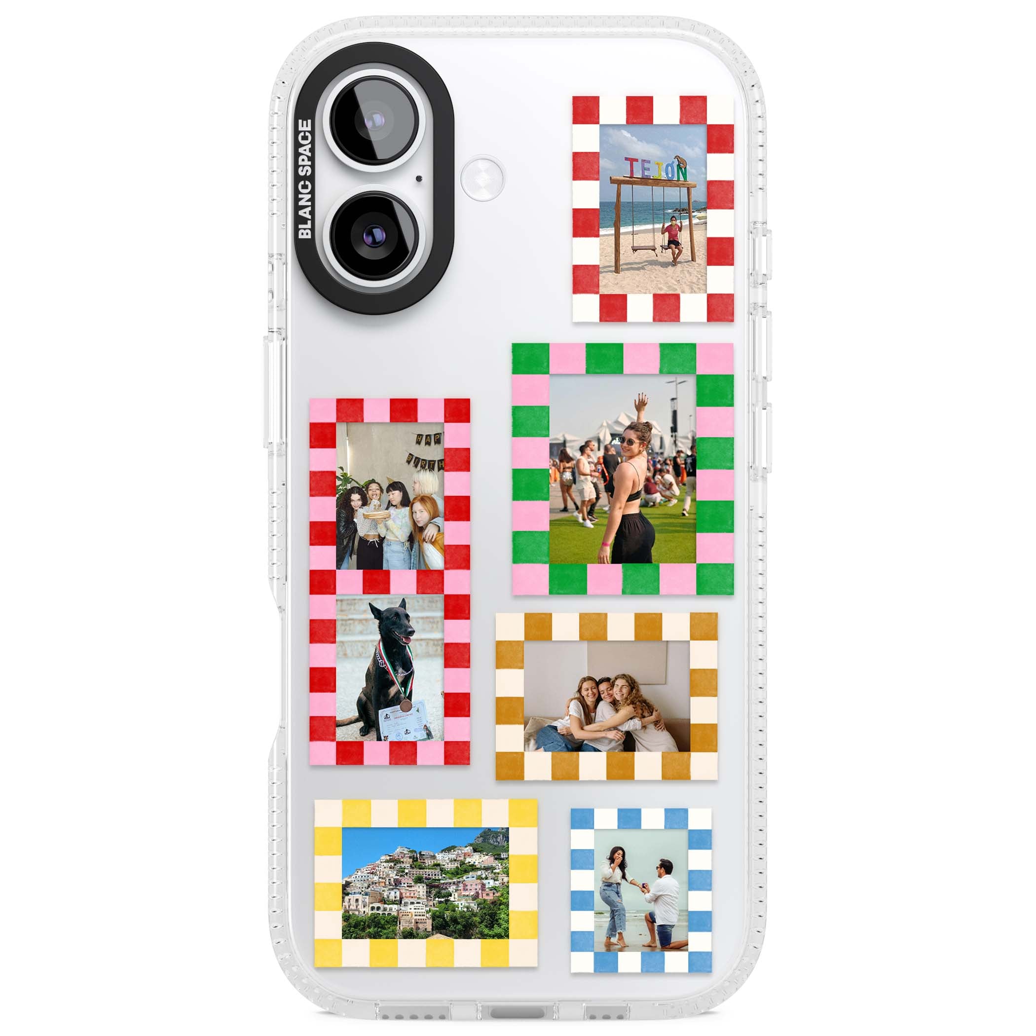 Italian Check Frames custom photo collage iPhone case featuring six checkered photo frames in red, green, pink and | Clear Case Impact Air case for iPhone 17