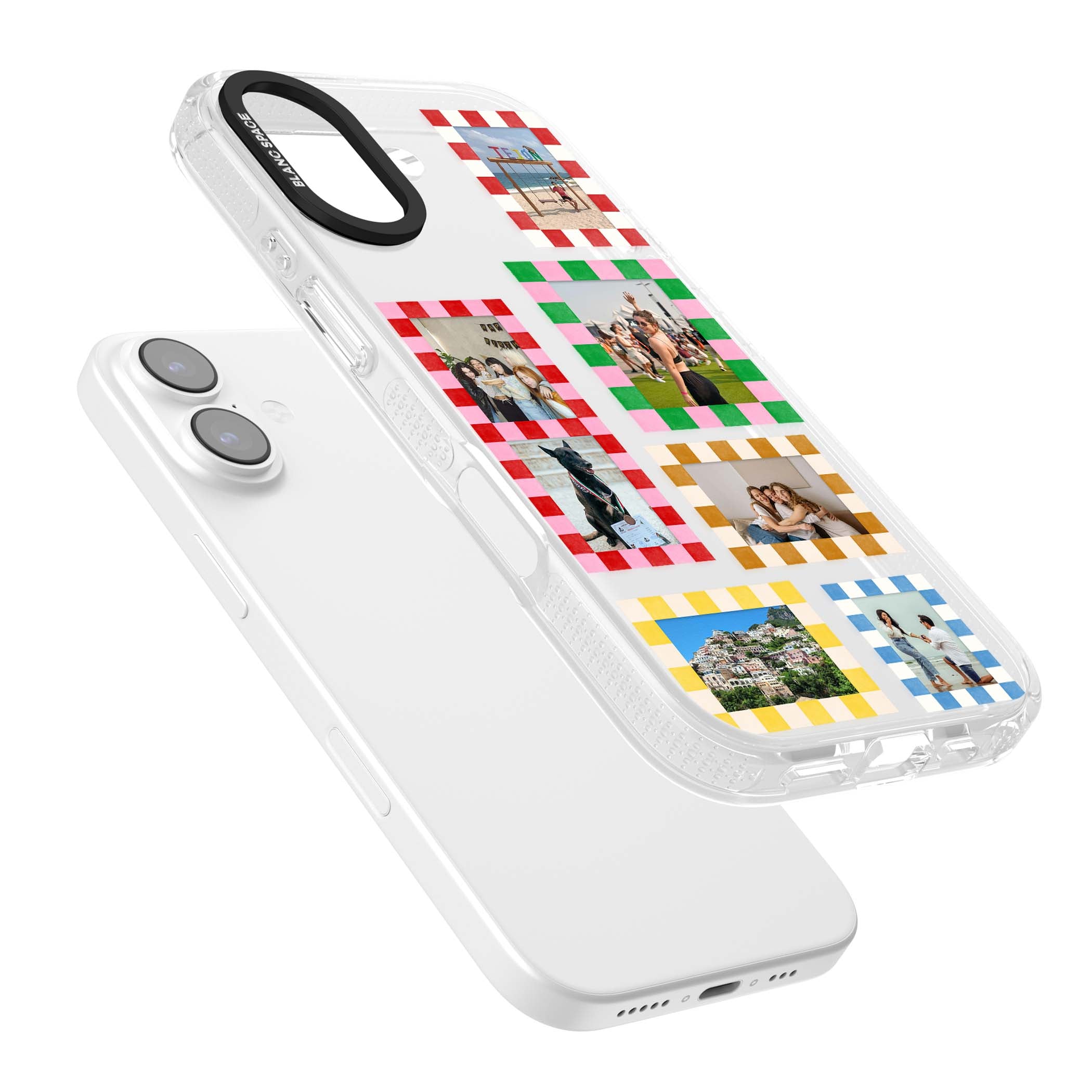 Italian Check Frames custom photo collage iPhone case featuring six checkered photo frames in red, green, pink and | Clear Case Impact Air case for iPhone 17