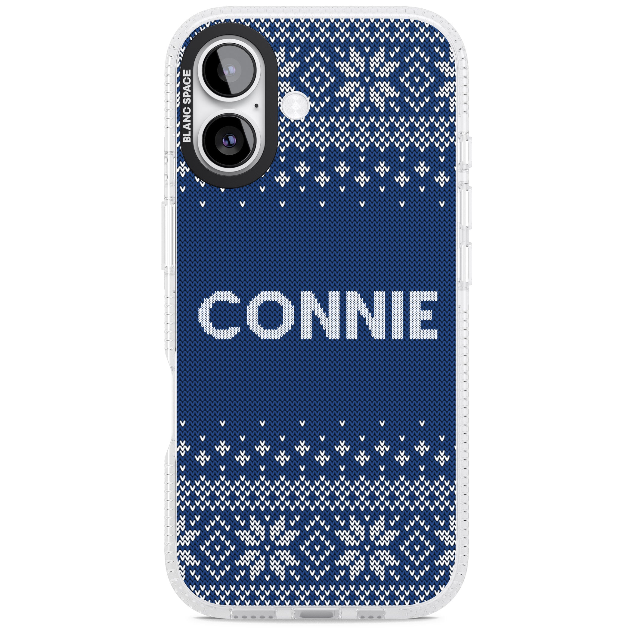 Personalised Blue Knitted Christmas iPhone 17 Impact Air Clear Phone Case