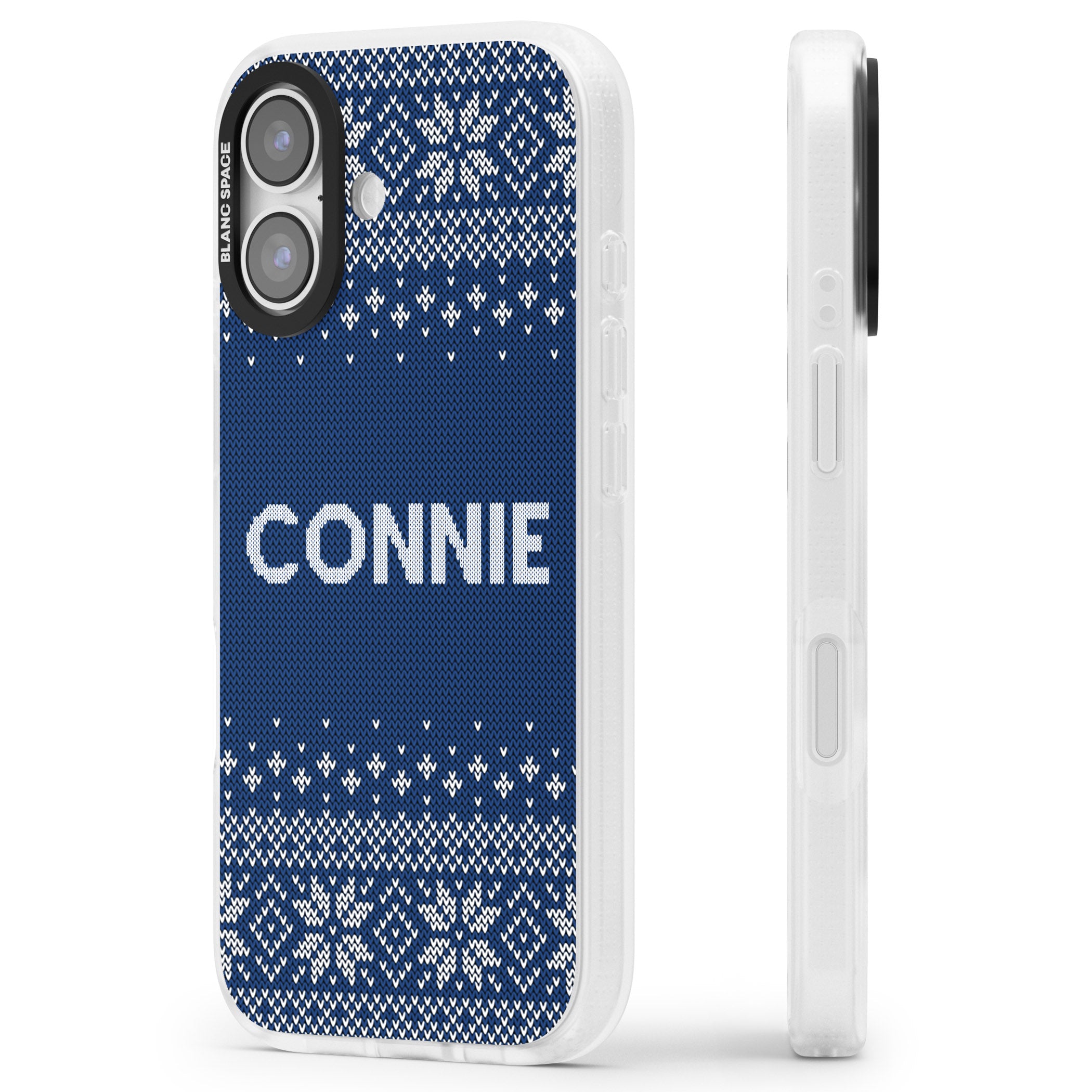 Personalised Blue Knitted Christmas iPhone 17 Impact Air Clear Phone Case Side Profile