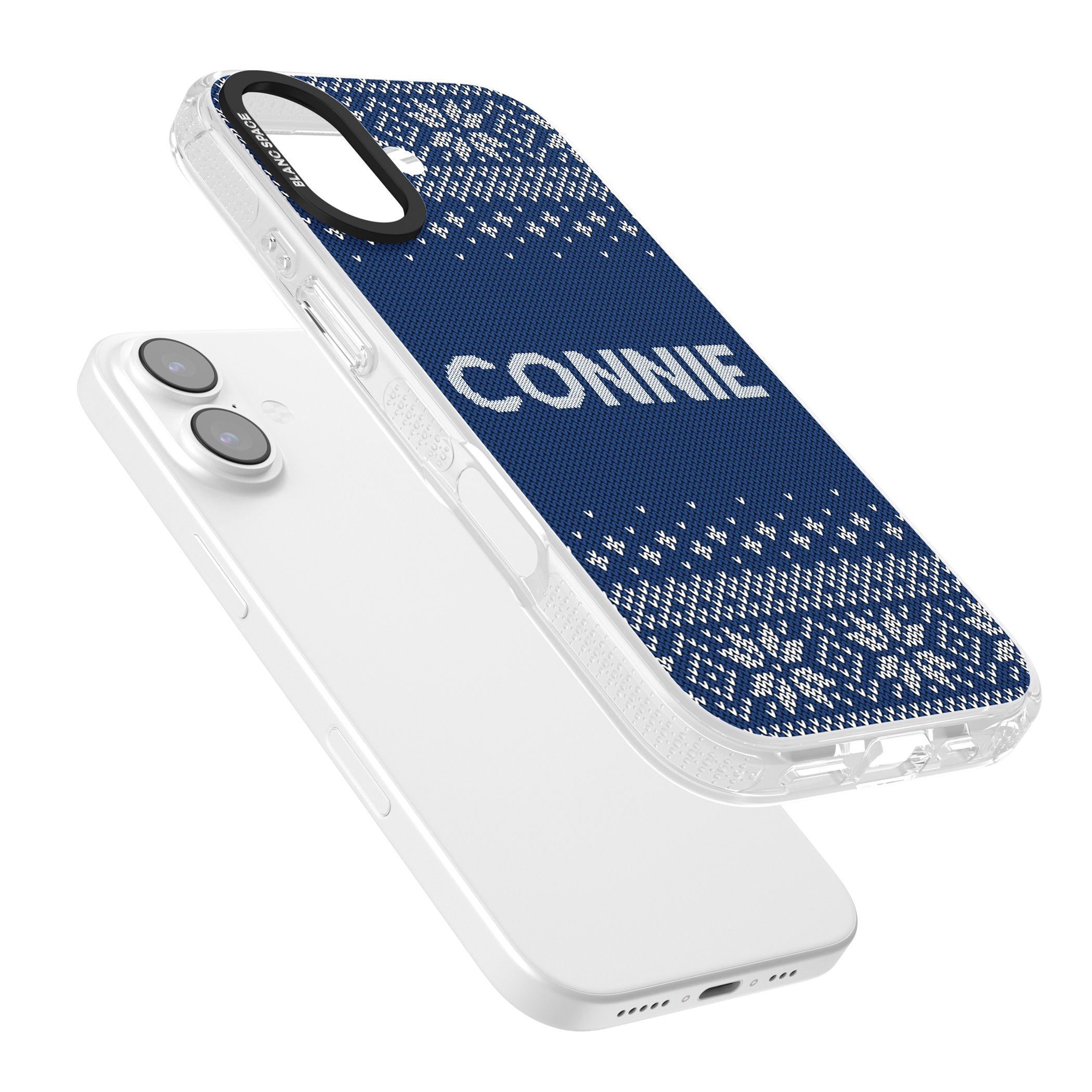 Personalised Blue Knitted Christmas iPhone 17 Impact Air Clear Phone Case Colours