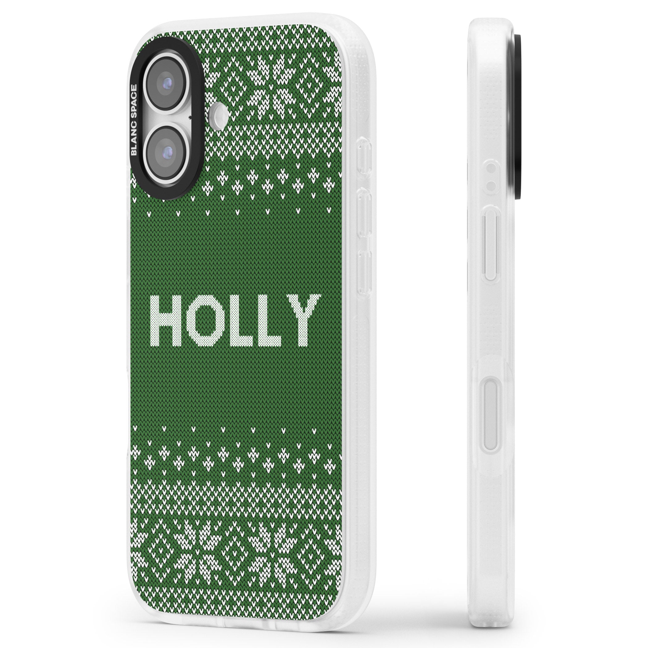 Personalised Green Christmas Knit iPhone 17 Impact Air Clear Phone Case Side Profile