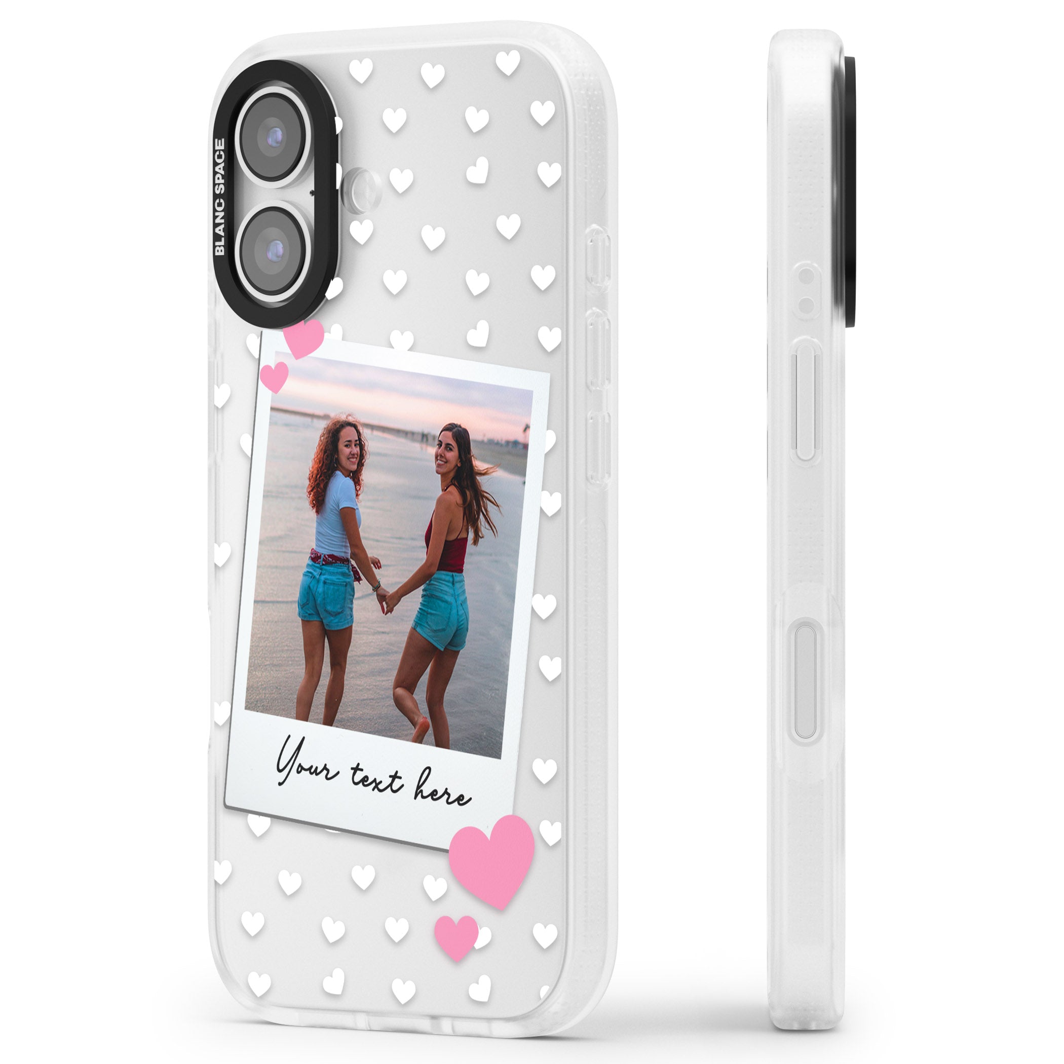 Personalised Hearts Instant Camera Photo iPhone 17 Impact Air Clear Phone Case Side Profile