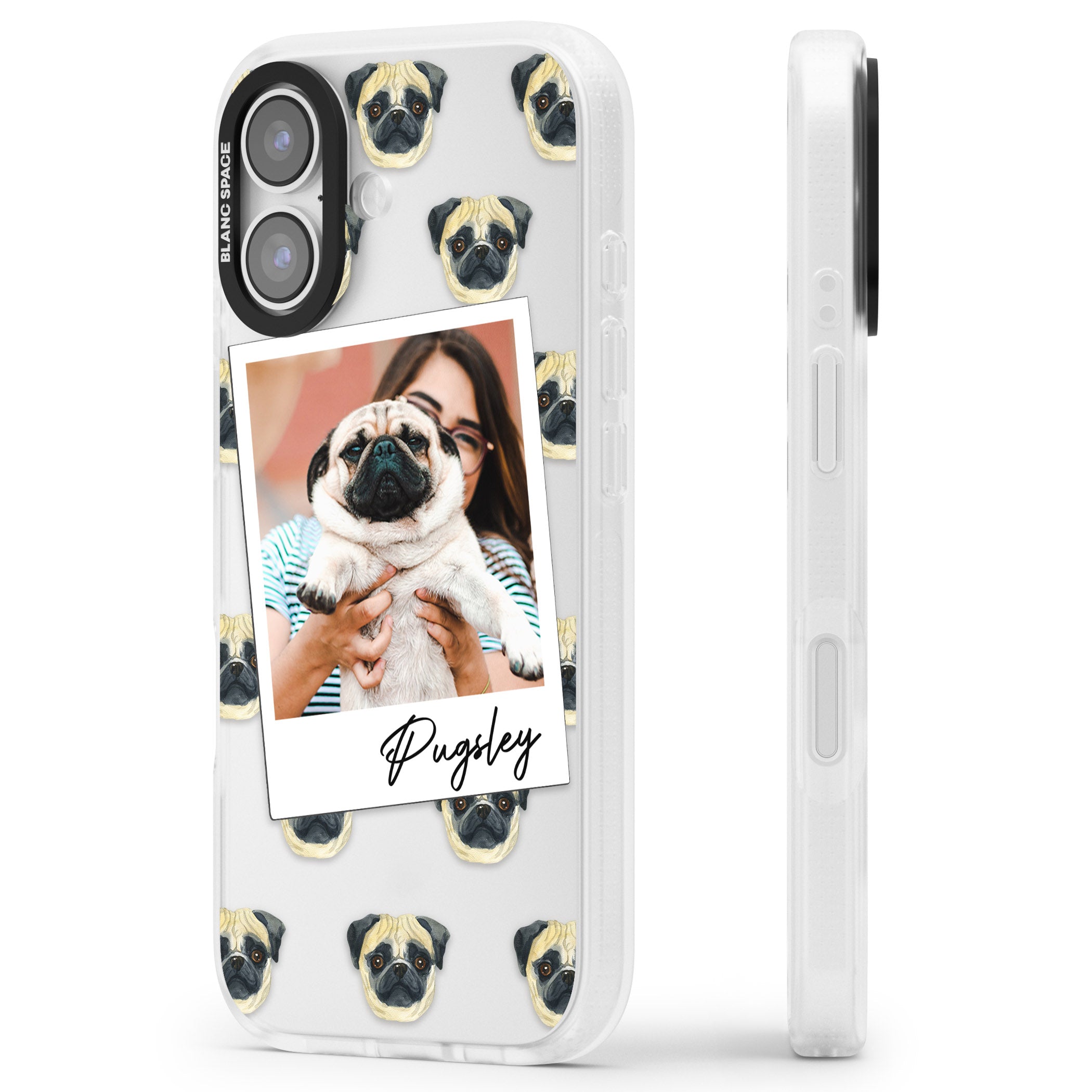 Personalised Pug Instant Camera Photo iPhone 17 Impact Air Clear Phone Case Side Profile