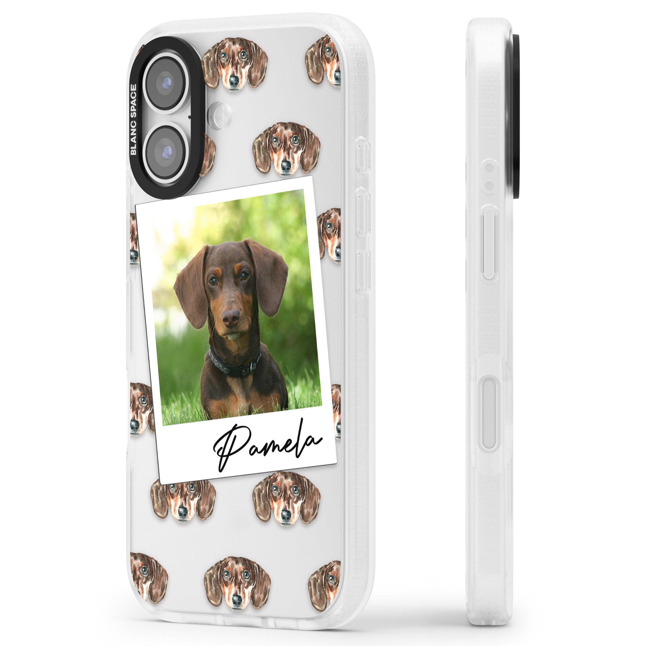 Personalised Brown Dachshund Instant Camera Photo iPhone 17 Impact Air Clear Phone Case Side Profile
