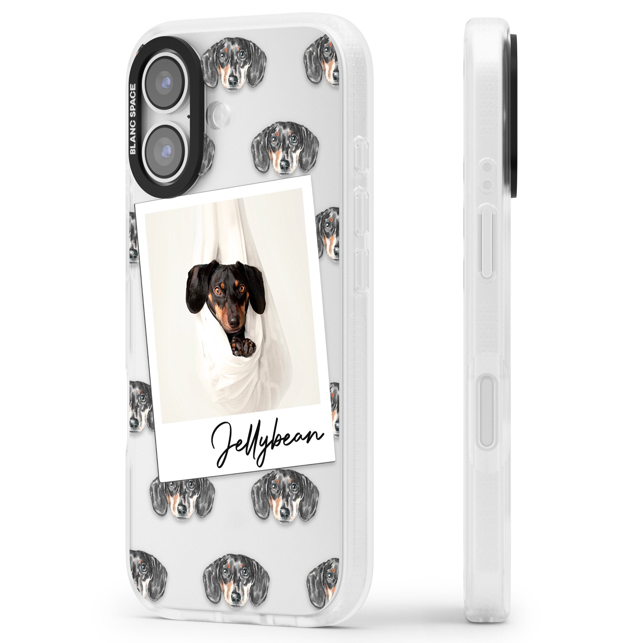 Personalised Black Dachshund Instant Camera Photo iPhone 17 Impact Air Clear Phone Case Side Profile