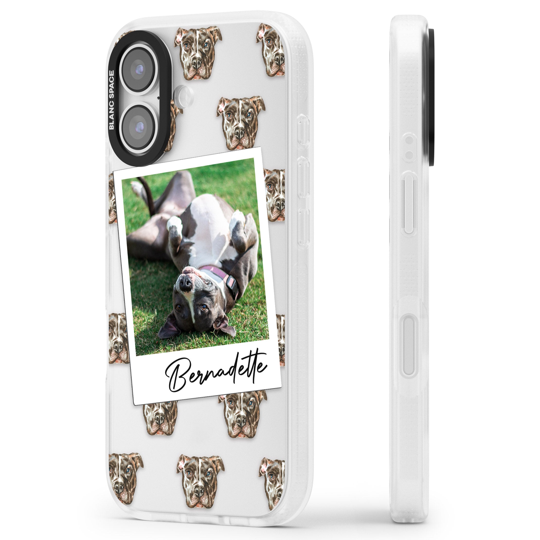 Personalised Staffordshire Bull Terrier Instant Camera Photo iPhone 17 Impact Air Clear Phone Case Side Profile