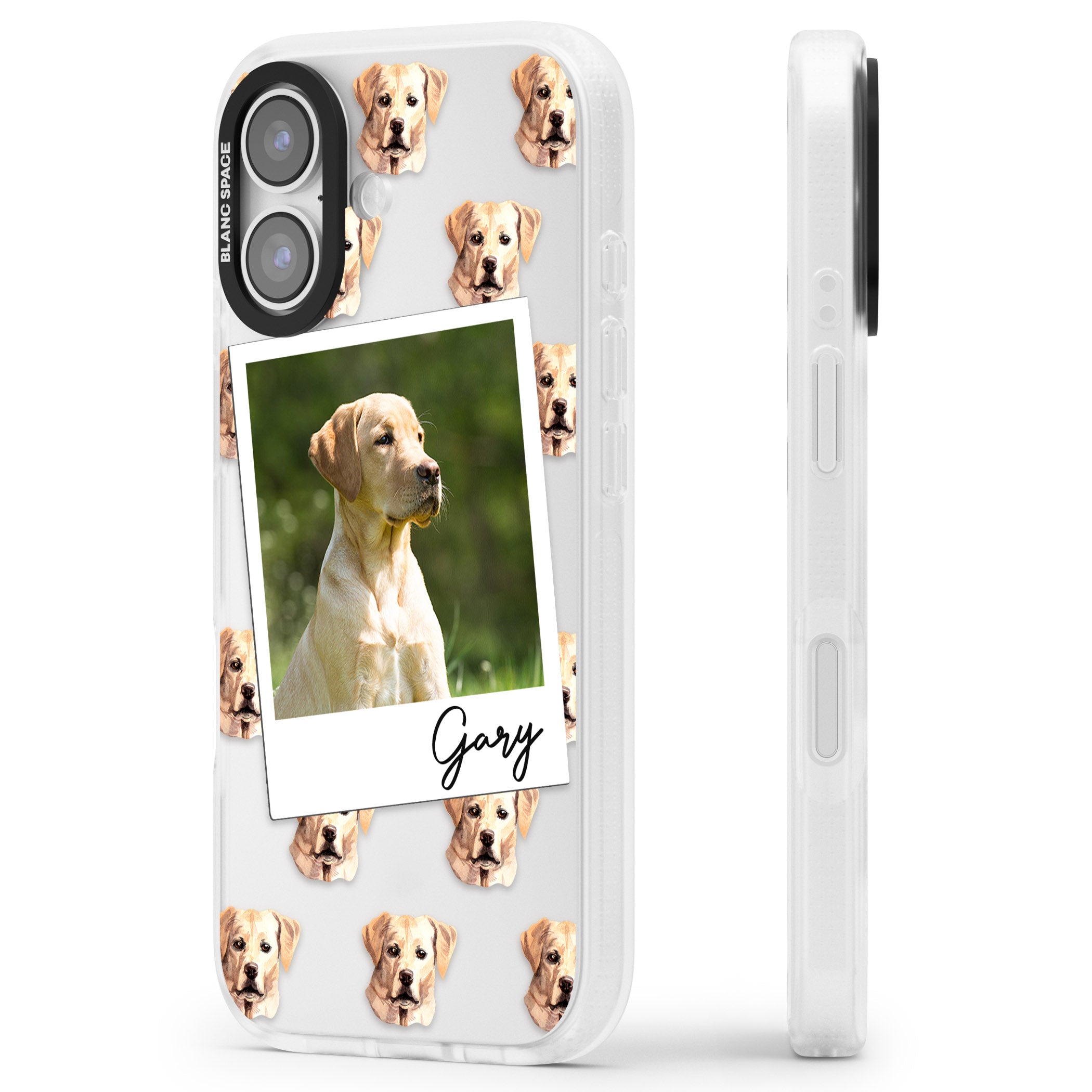 Personalised Tan Black Labrador Instant Camera Photo iPhone 17 Impact Air Clear Phone Case Side Profile