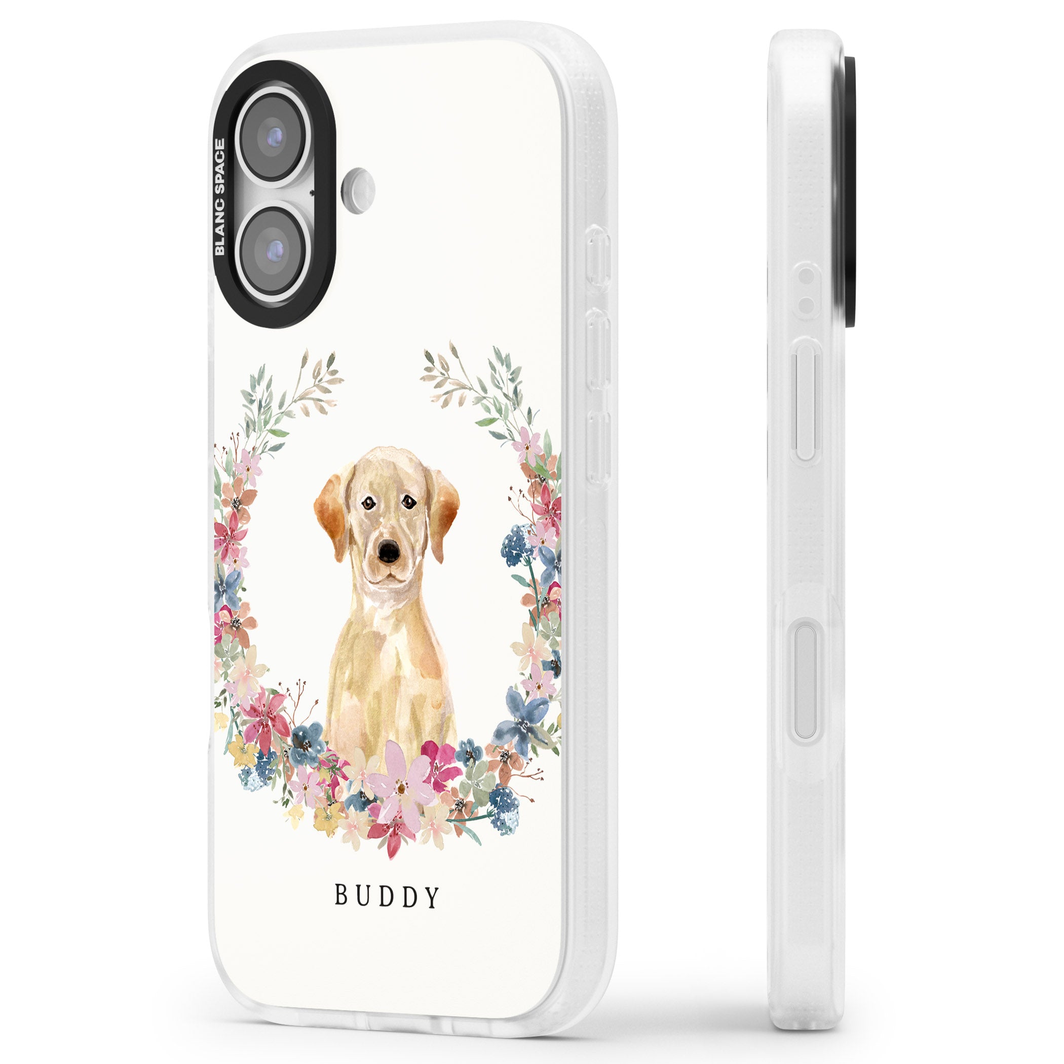 Personalised Yellow Labrador Retriever Floral Portrait iPhone 17 Impact Air Clear Phone Case Side Profile