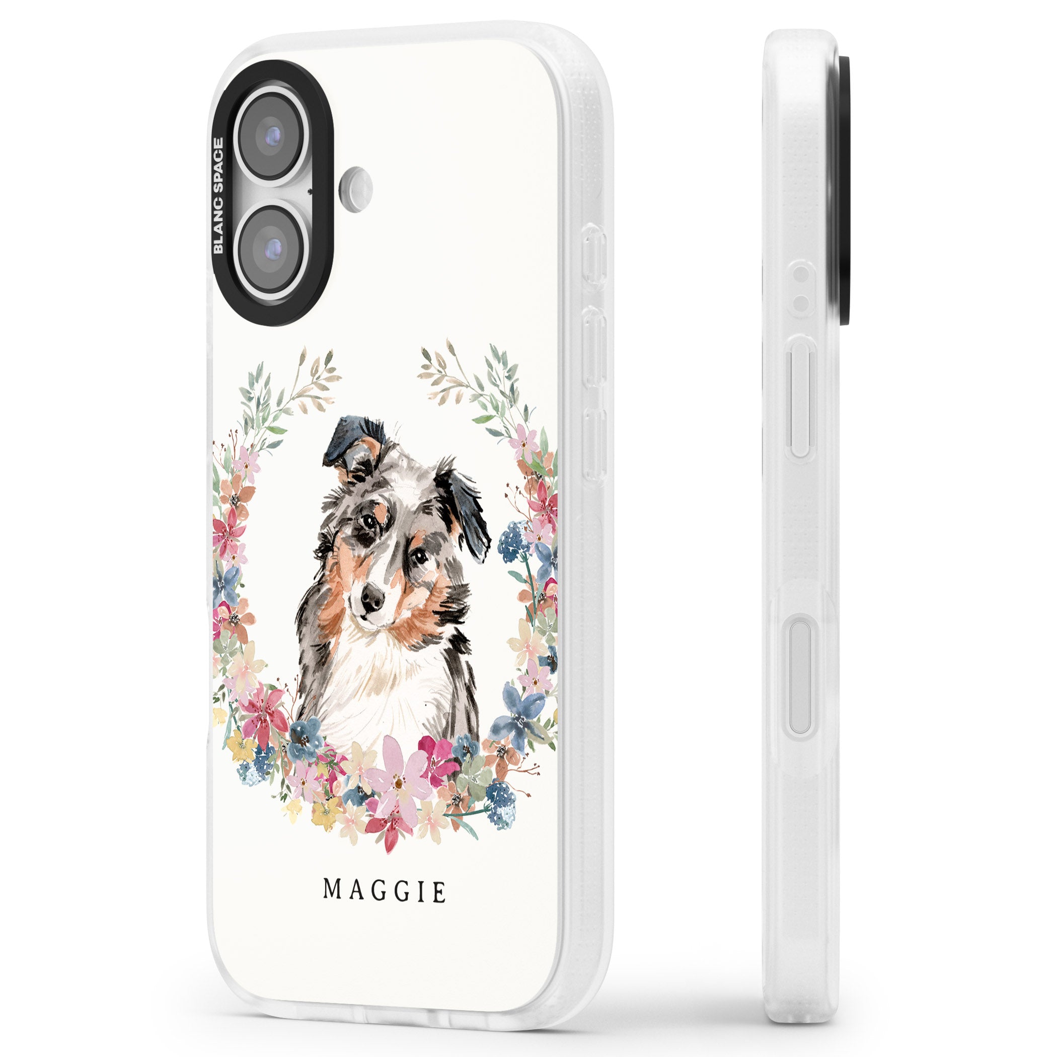 Personalised Australian Shepherd Floral Portrait iPhone 17 Impact Air Clear Phone Case Side Profile