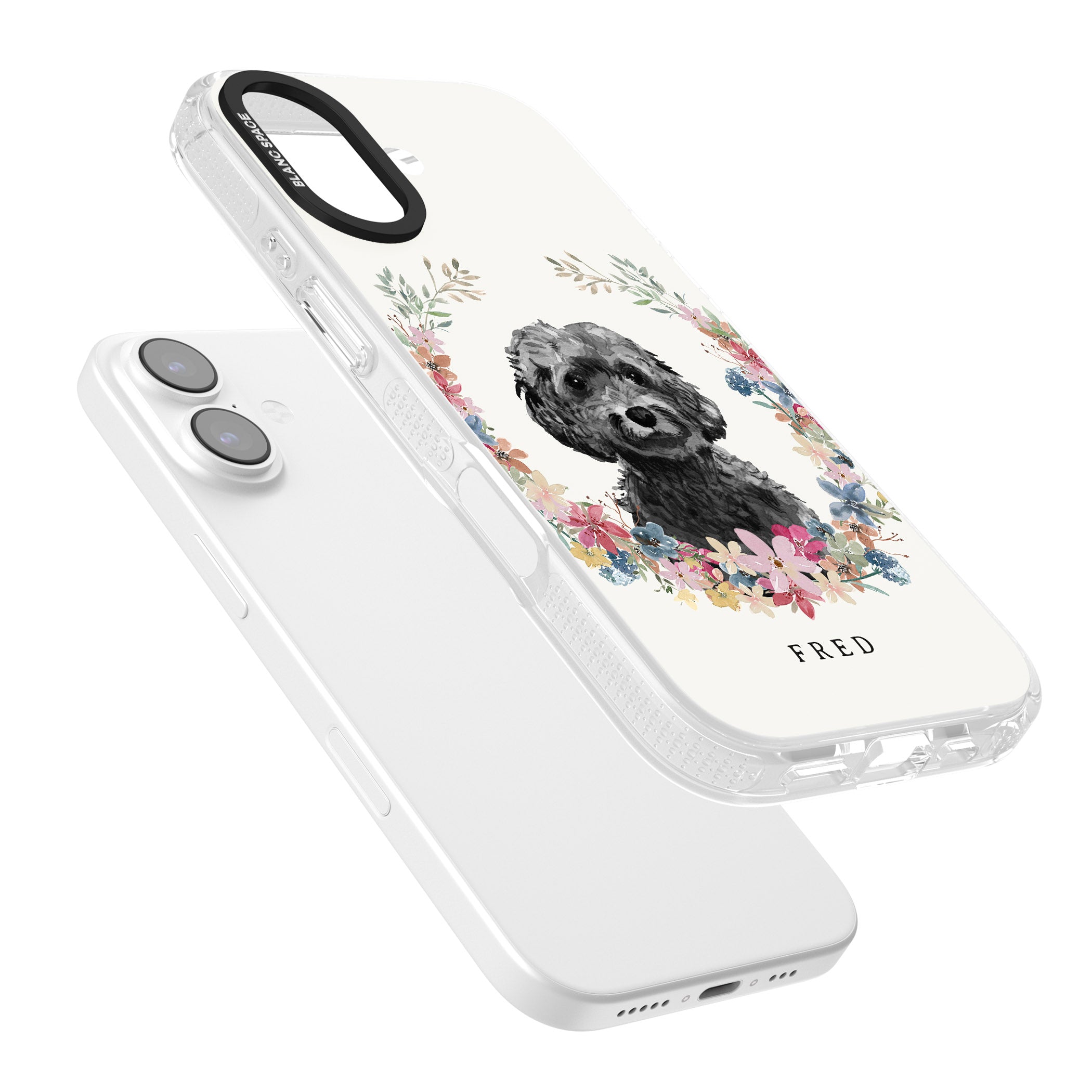 Personalised Black Cockapoo Floral Portrait iPhone 17 Impact Air Clear Phone Case Colours