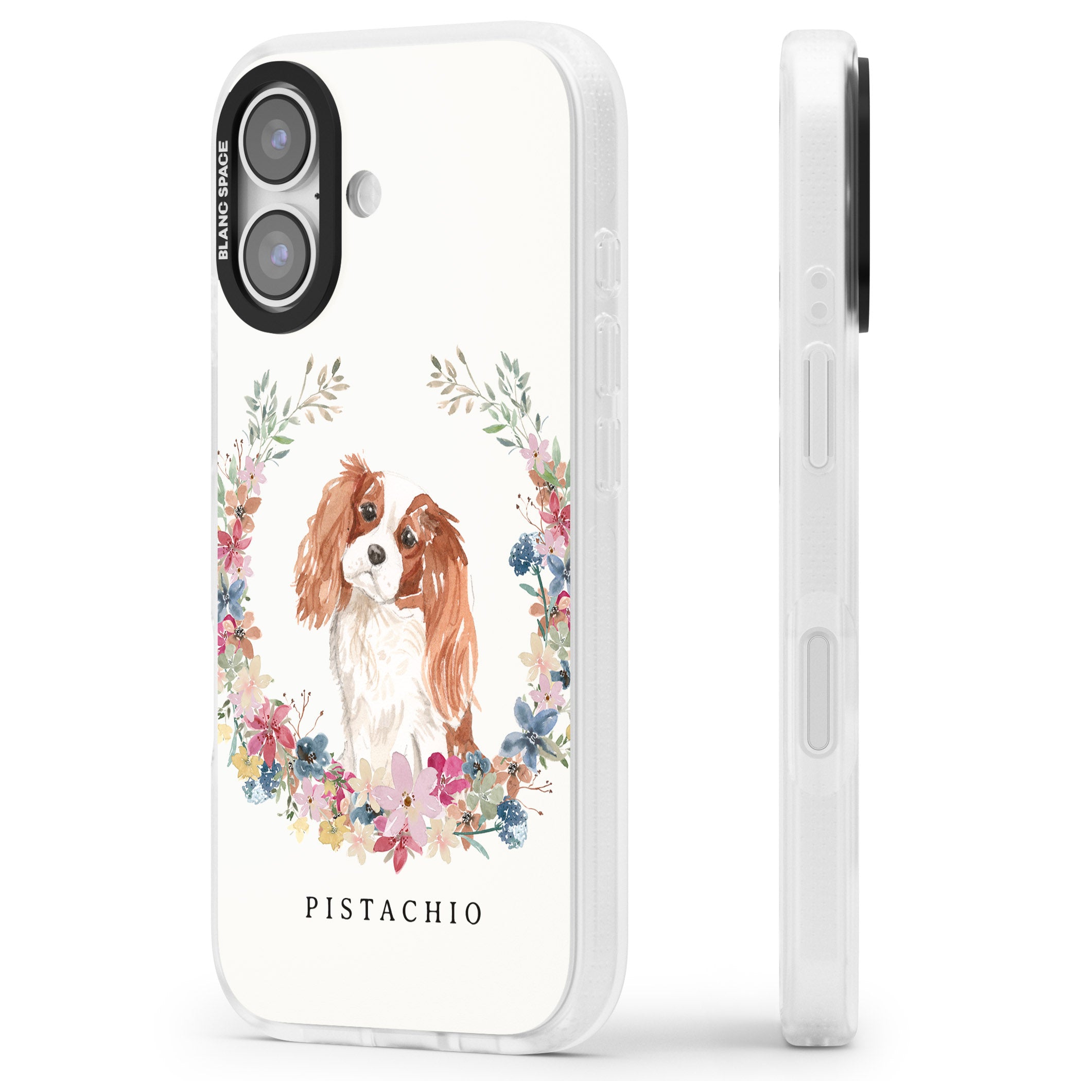 Personalised Cavalier King Charles Floral Portrait iPhone 17 Impact Air Clear Phone Case Side Profile