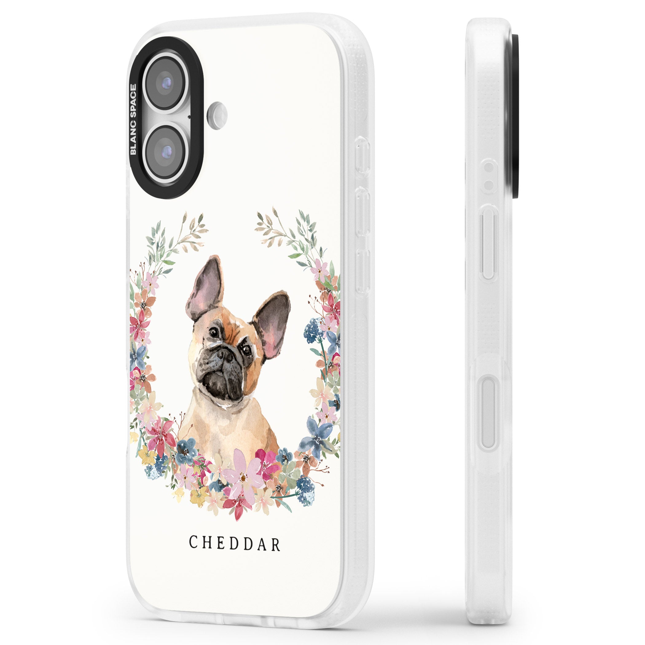 Personalised Tan French Bulldog Floral Portrait iPhone 17 Impact Air Clear Phone Case Side Profile