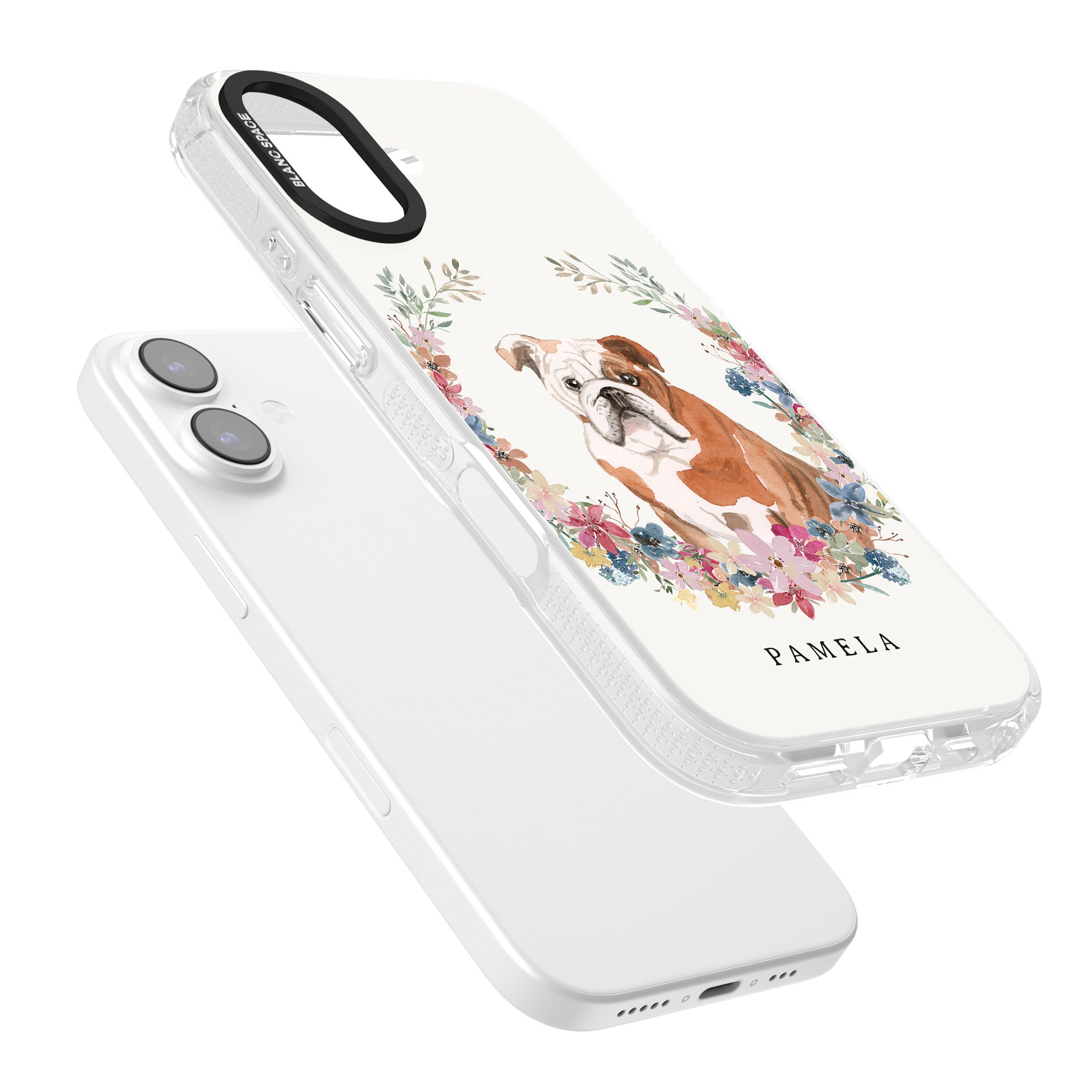 Personalised English Bulldog Floral Portrait iPhone 17 Impact Air Clear Phone Case Colours