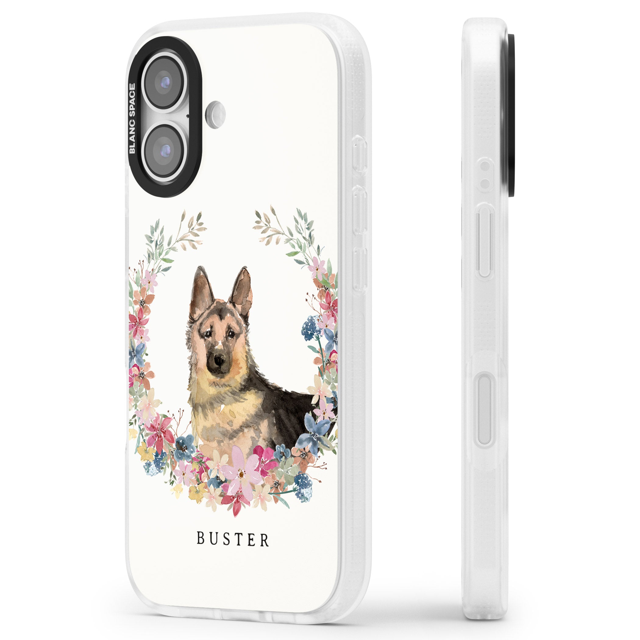 Personalised German Shepherd Floral Portrait iPhone 17 Impact Air Clear Phone Case Side Profile