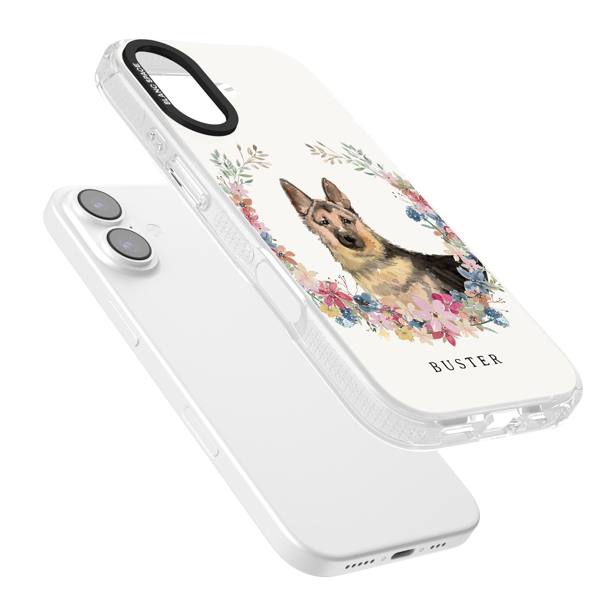 Personalised German Shepherd Floral Portrait iPhone 17 Impact Air Clear Phone Case Colours
