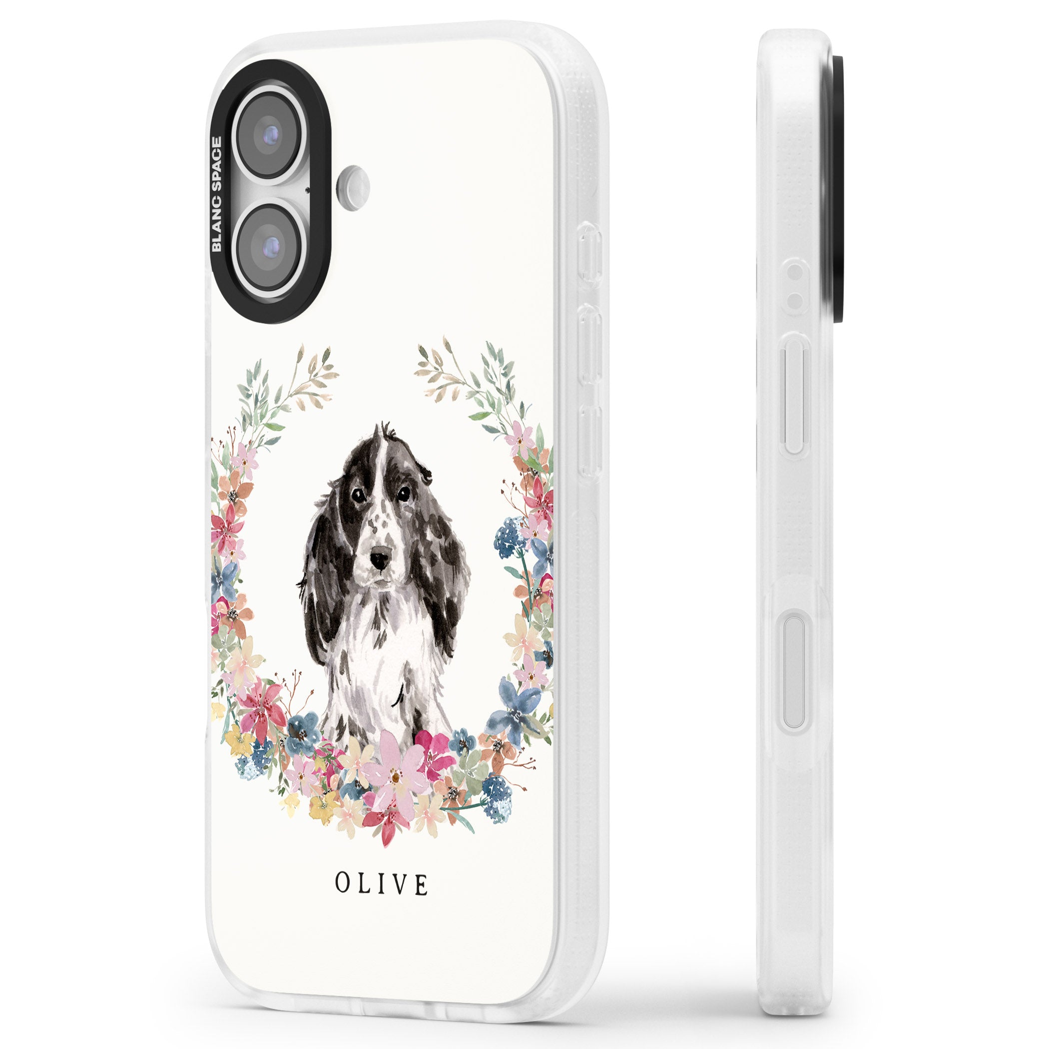 Personalised Black Cocker Spaniel Floral Portrait iPhone 17 Impact Air Clear Phone Case Side Profile