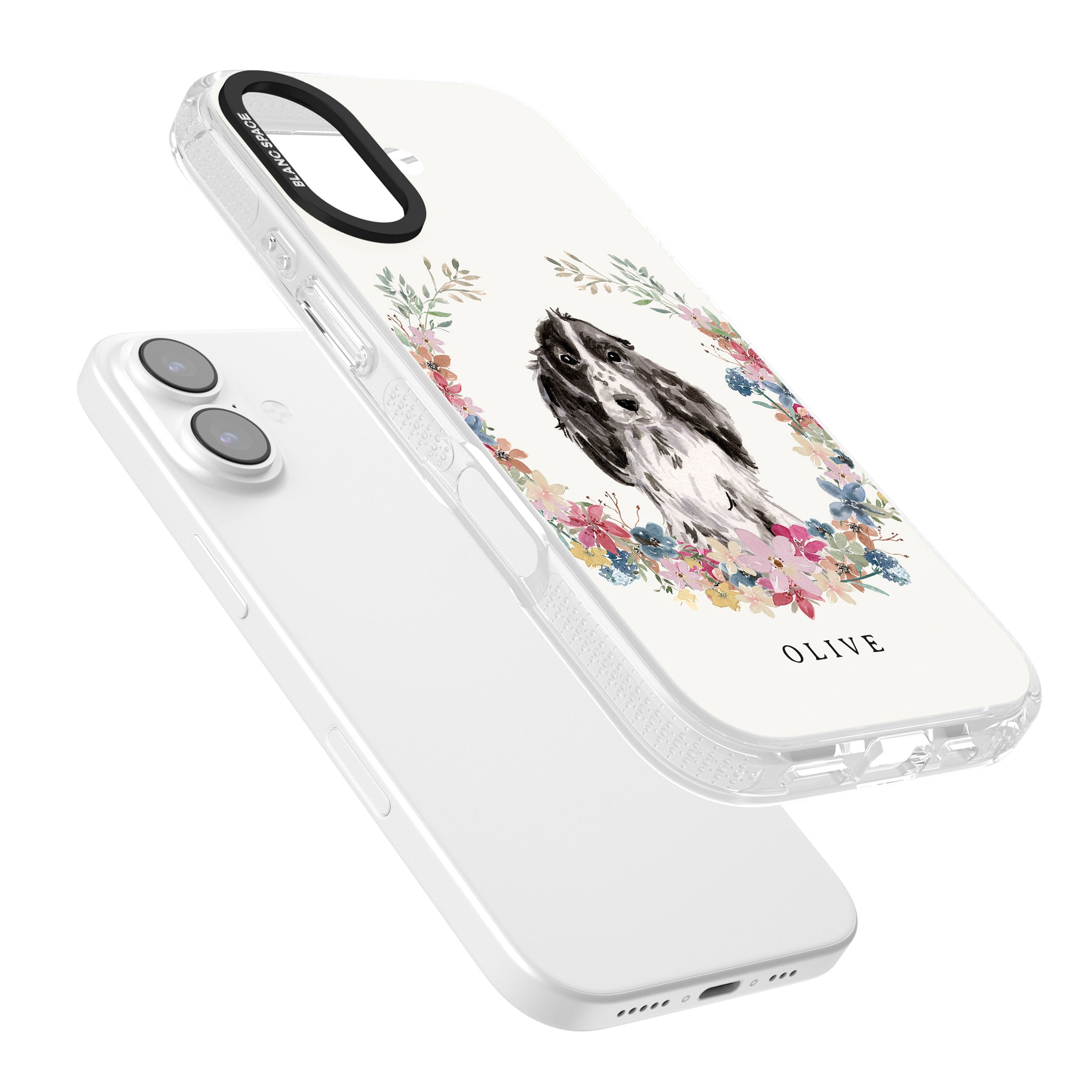 Personalised Black Cocker Spaniel Floral Portrait iPhone 17 Impact Air Clear Phone Case Colours