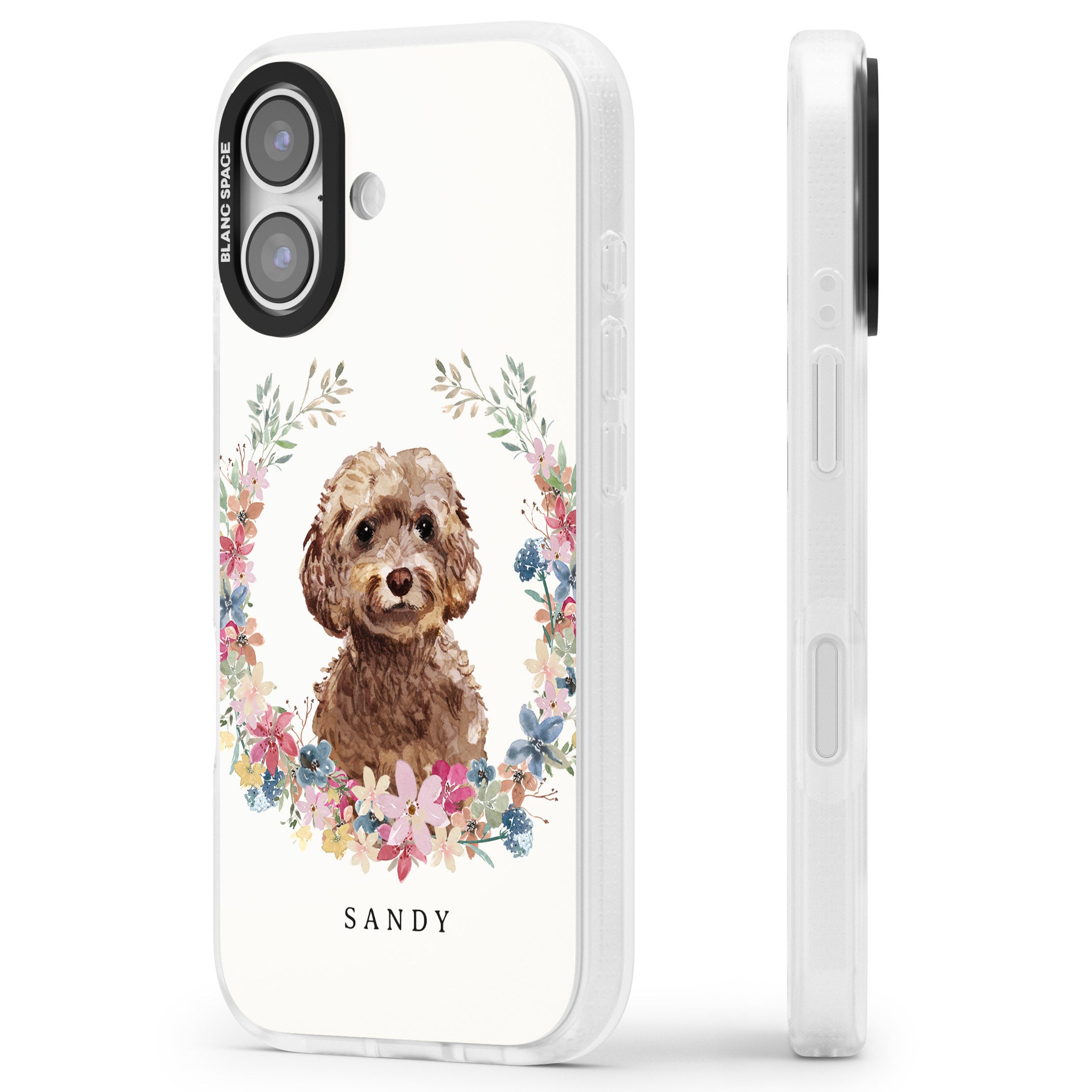 Personalised Brown Cockapoo Floral Portrait iPhone 17 Impact Air Clear Phone Case Side Profile