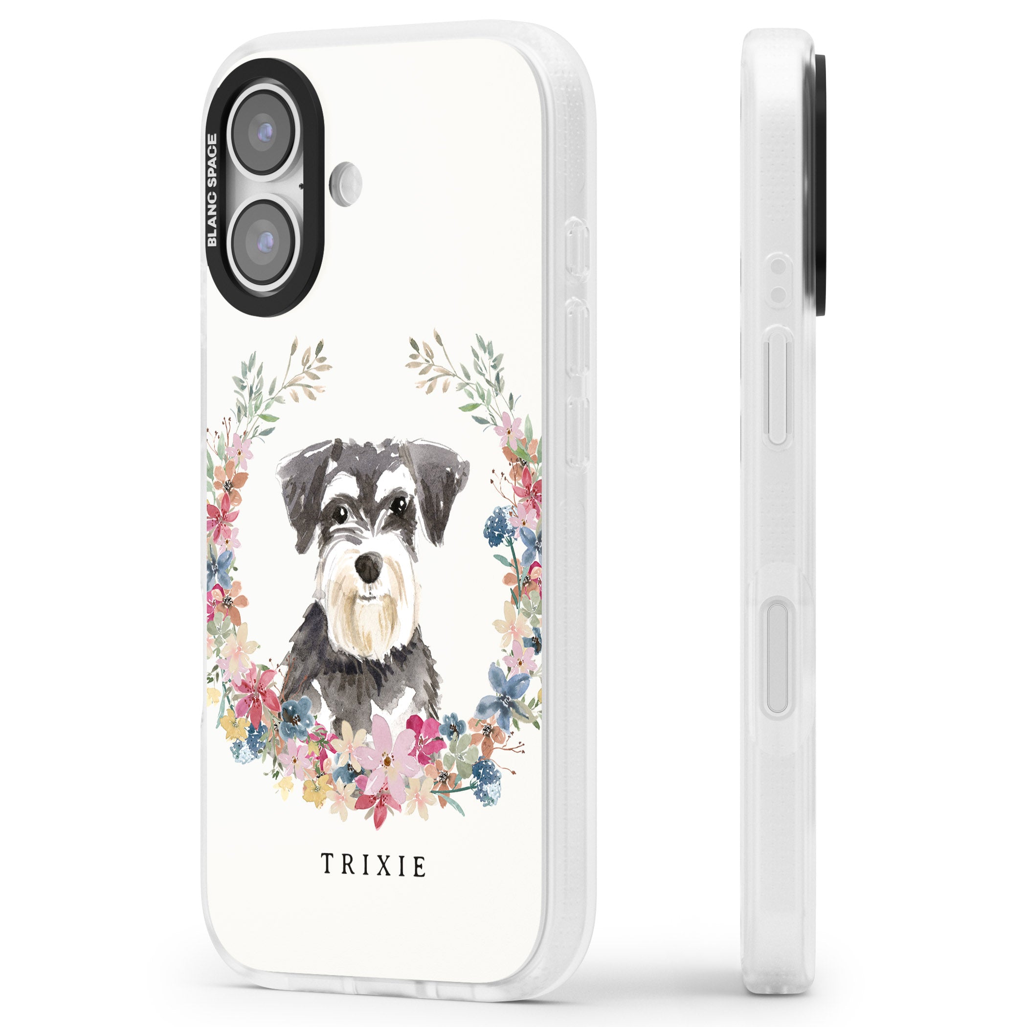 Personalised Watercolor Schnauzer Floral Portrait iPhone 17 Impact Air Clear Phone Case Side Profile