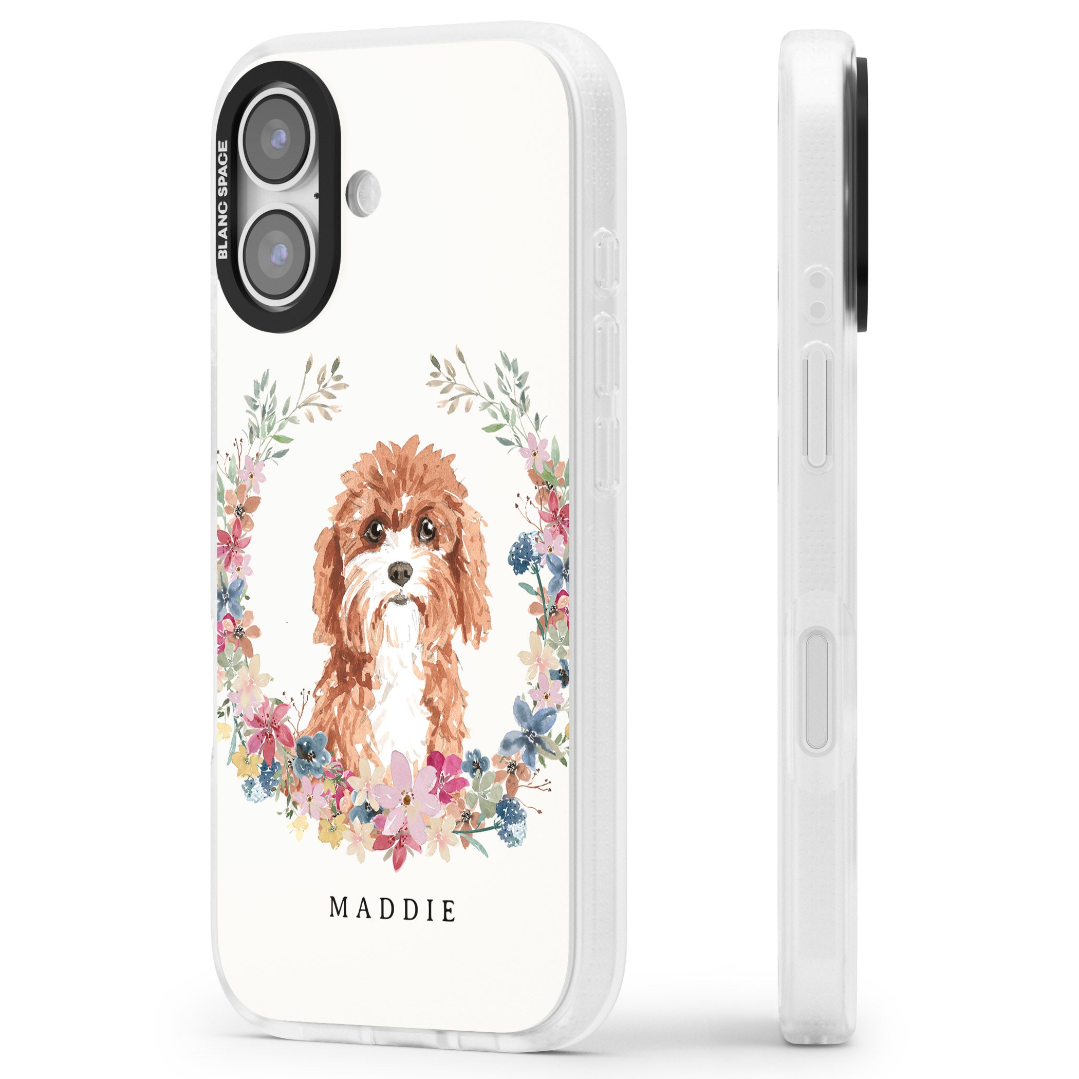 Personalised Cavapoo Floral Portrait iPhone 17 Impact Air Clear Phone Case Side Profile