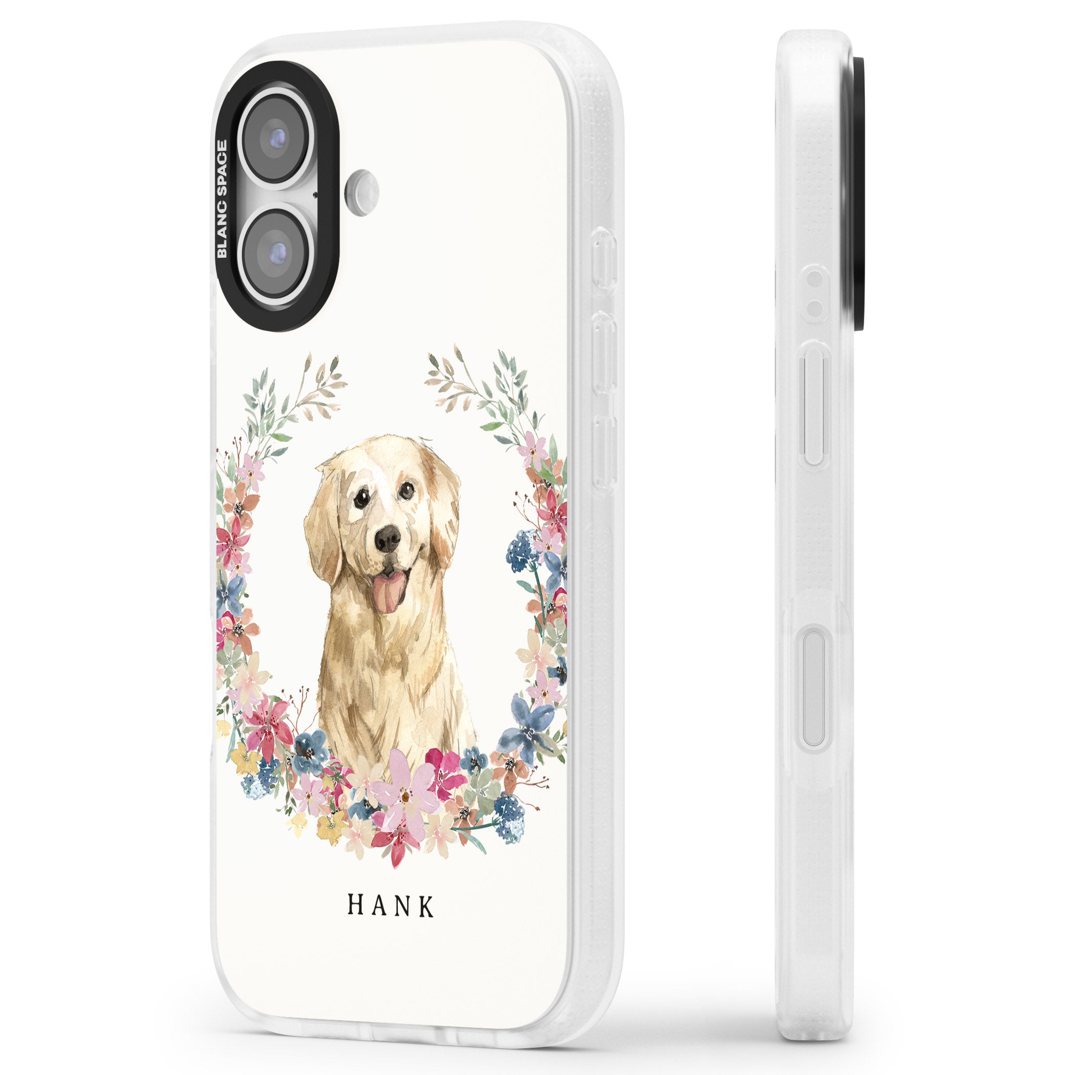 Personalised Golden Retriever Floral Portrait iPhone 17 Impact Air Clear Phone Case Side Profile
