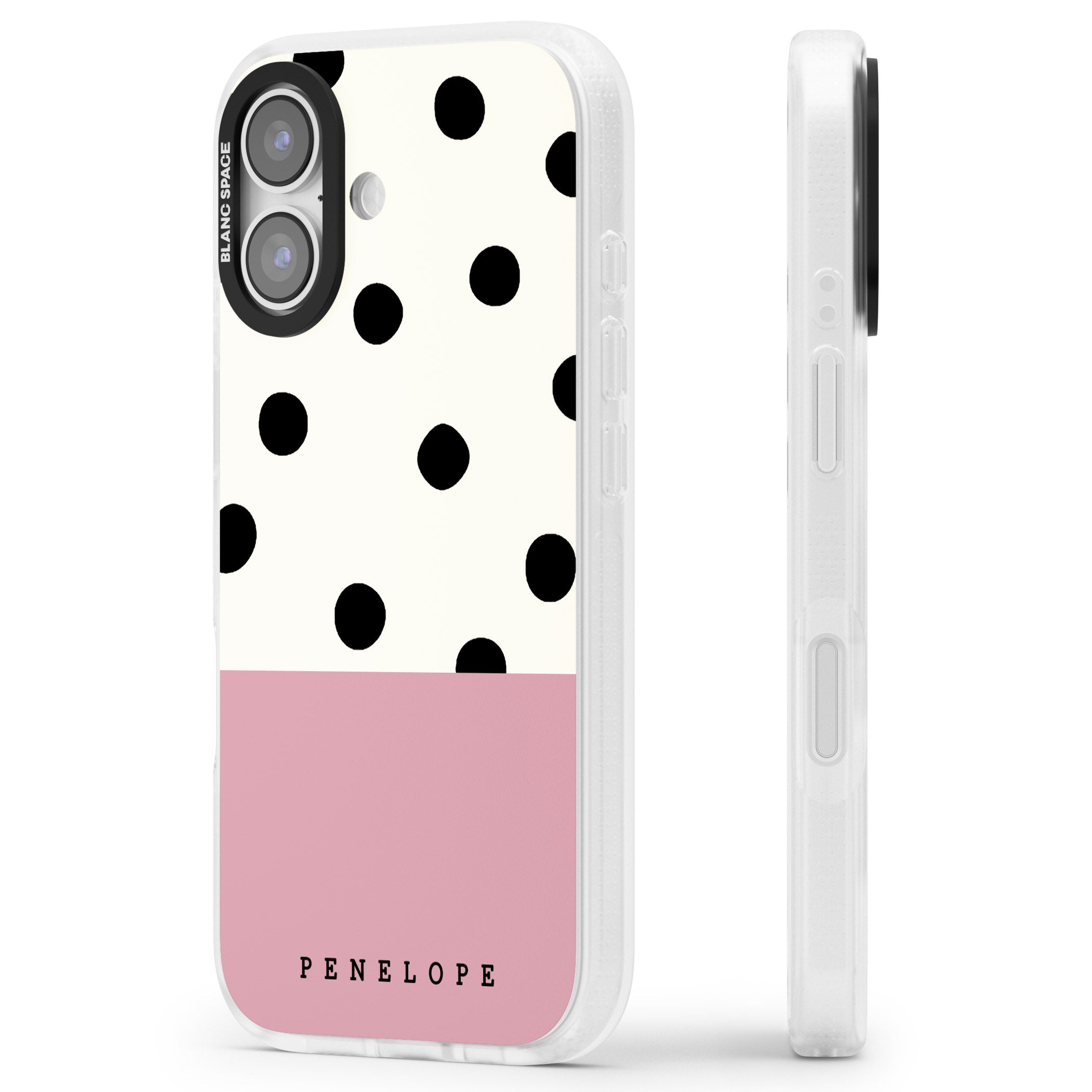 Personalised Pink Border Polka Dot iPhone 17 Impact Air Clear Phone Case Side Profile