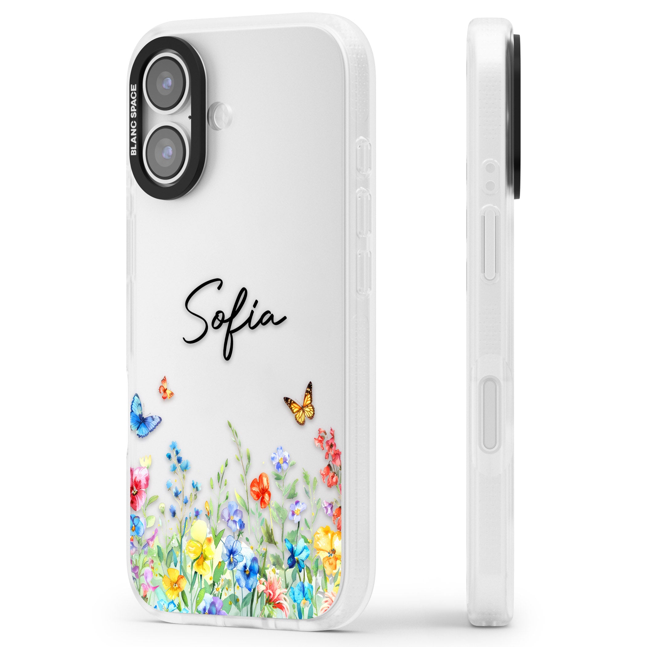 Personalised Buterflies Wildflowers iPhone 17 Impact Air Clear Phone Case Side Profile