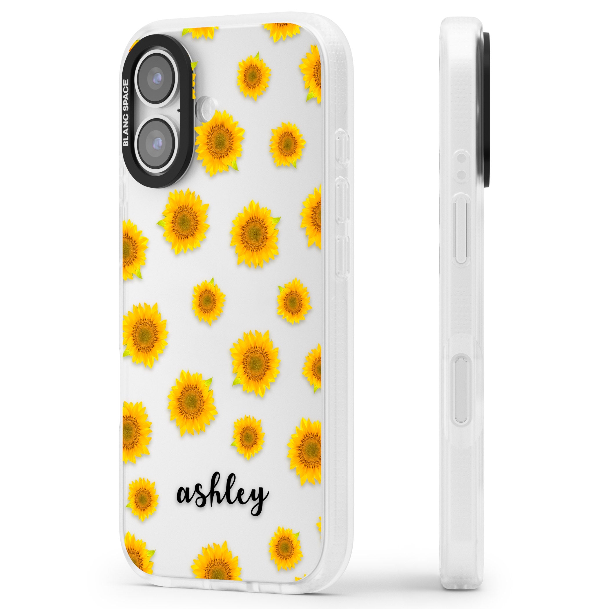 Personalised Sunflowers & Cursive iPhone 17 Impact Air Clear Phone Case Side Profile