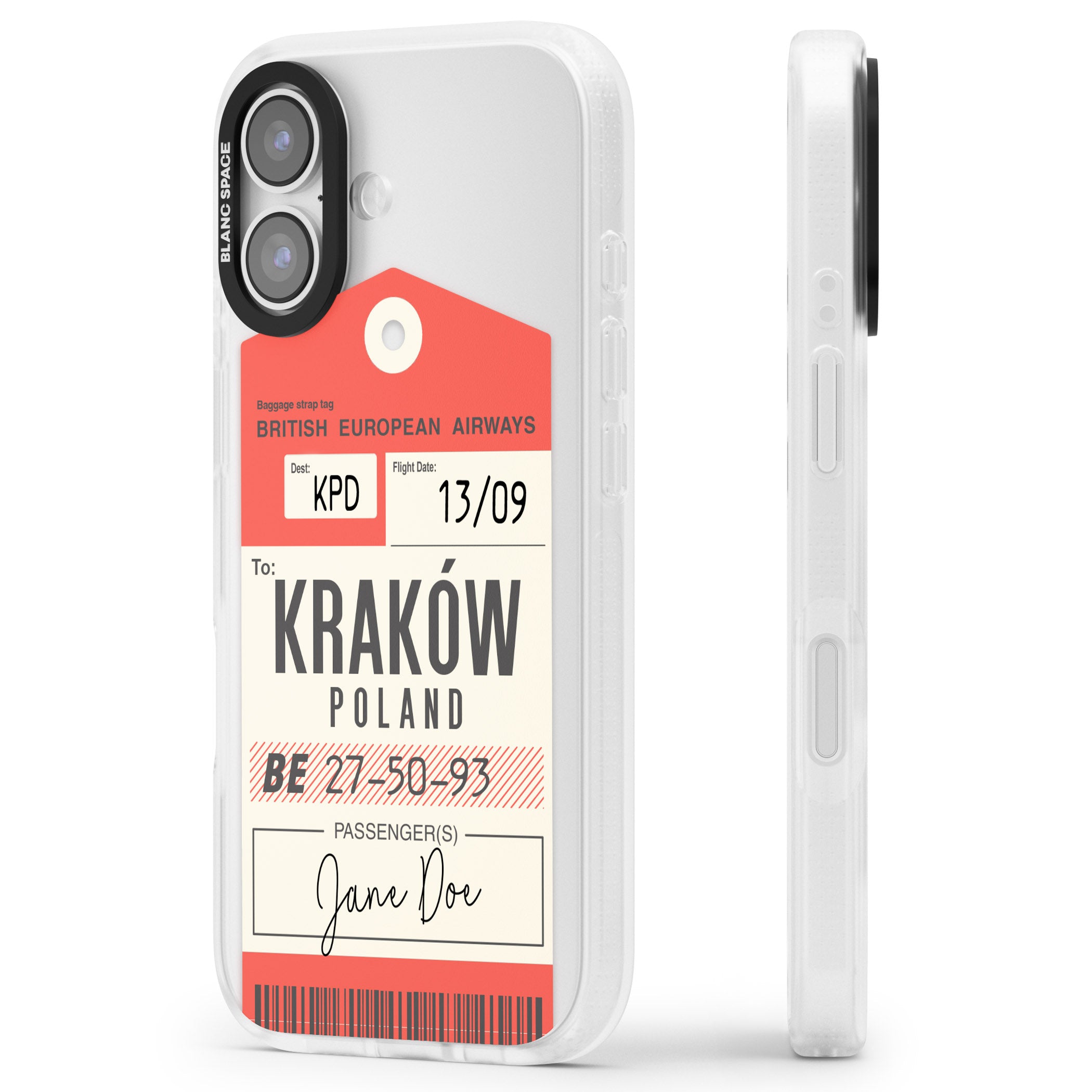 Personalised Vintage Bea Luggage Tag iPhone 17 Impact Air Clear Phone Case Side Profile