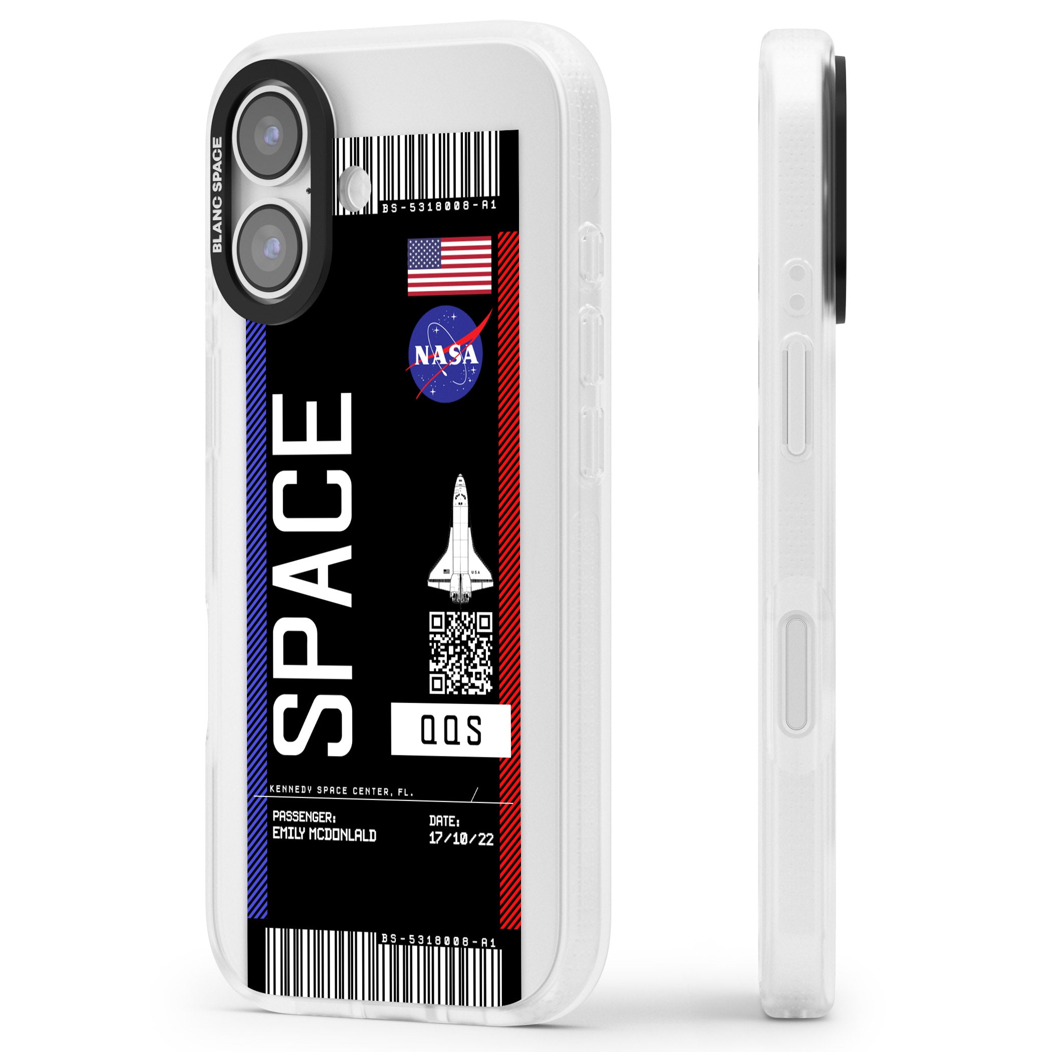 Personalised Nasa Boarding Pass (Dark) iPhone 17 Impact Air Clear Phone Case Side Profile