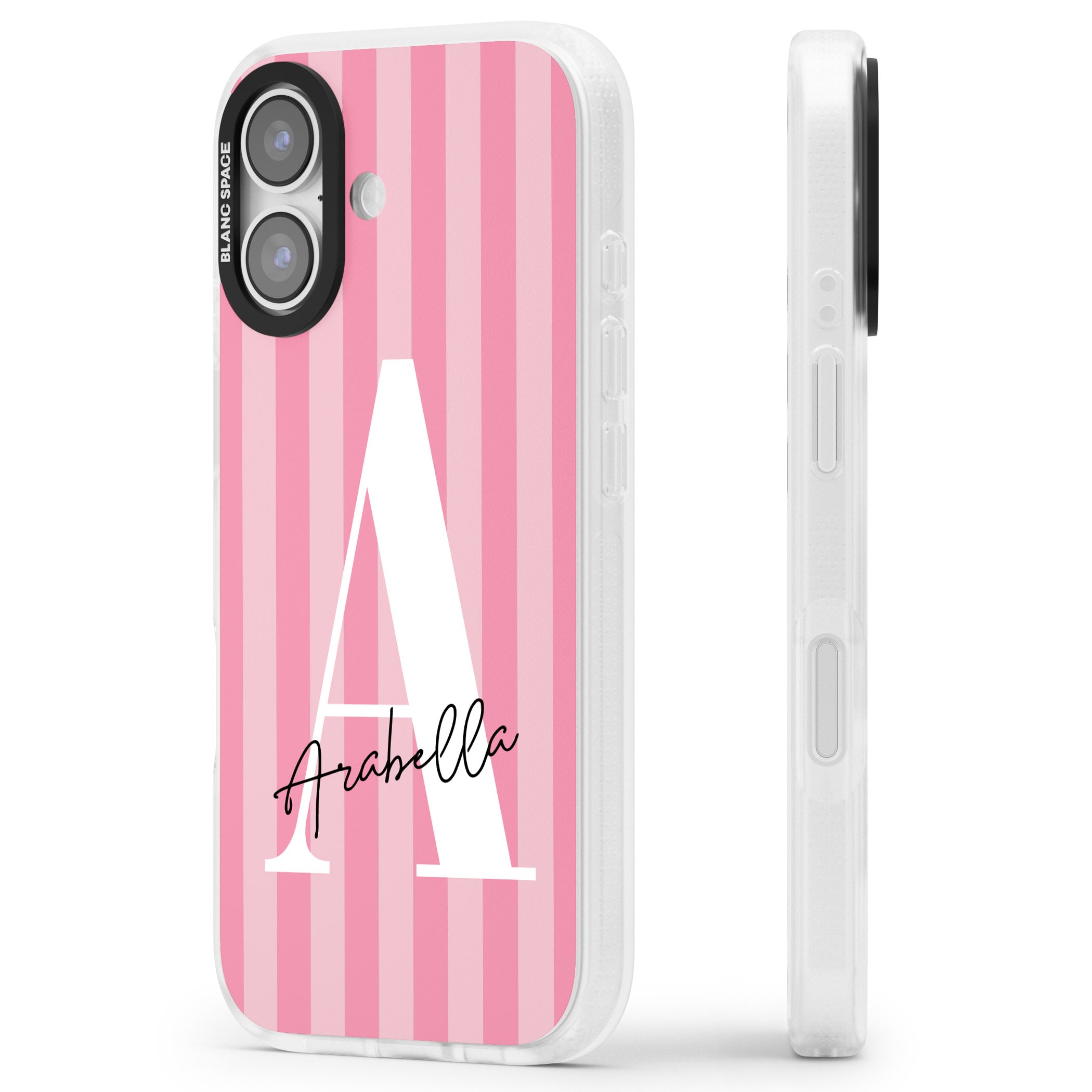 Personalised Pink Stripes Initial iPhone 17 Impact Air Clear Phone Case Side Profile