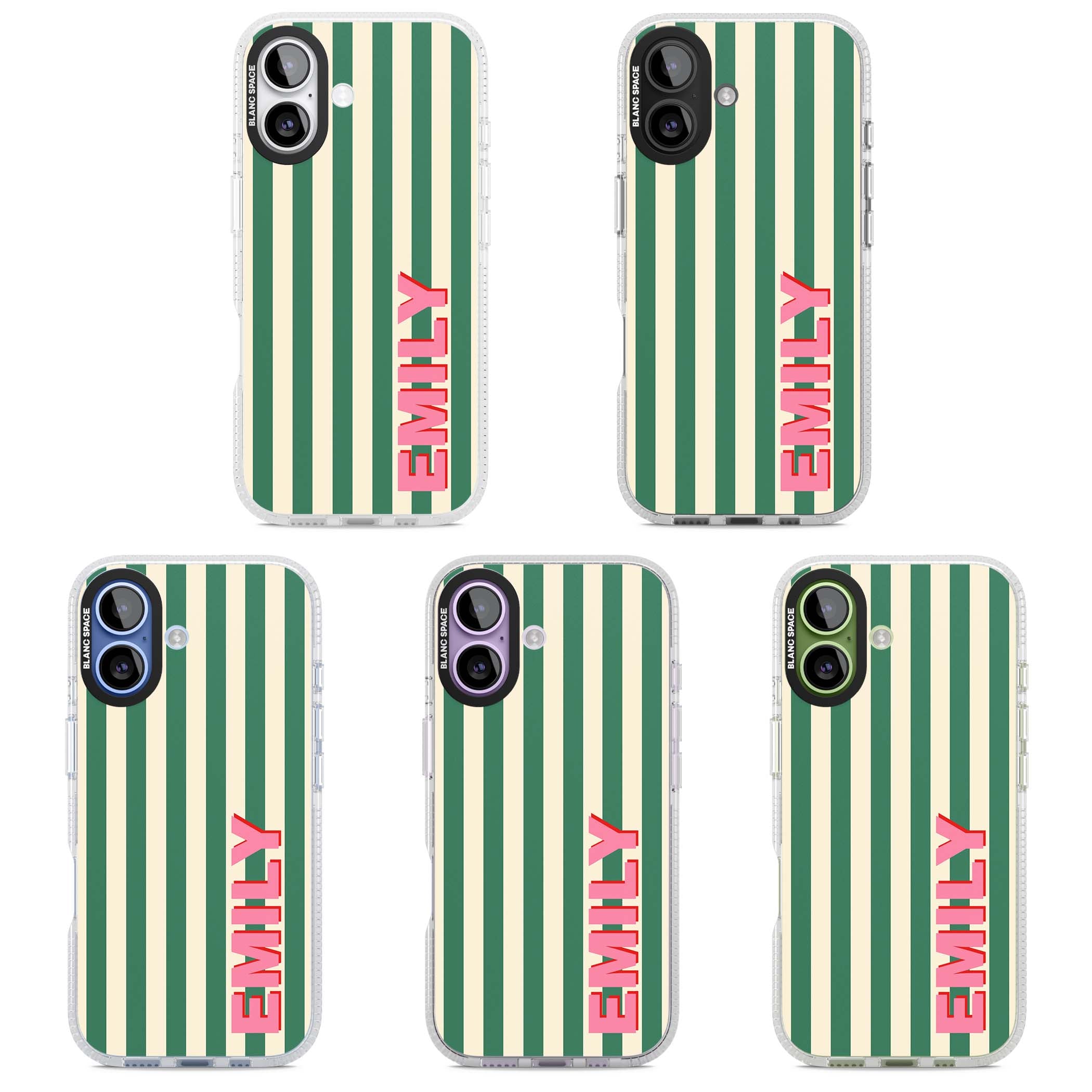 Wimbledon Stripe preppy iPhone case featuring green and cream vertical stripes with a personalised pink name | Clear Case Impact Air case for iPhone 17