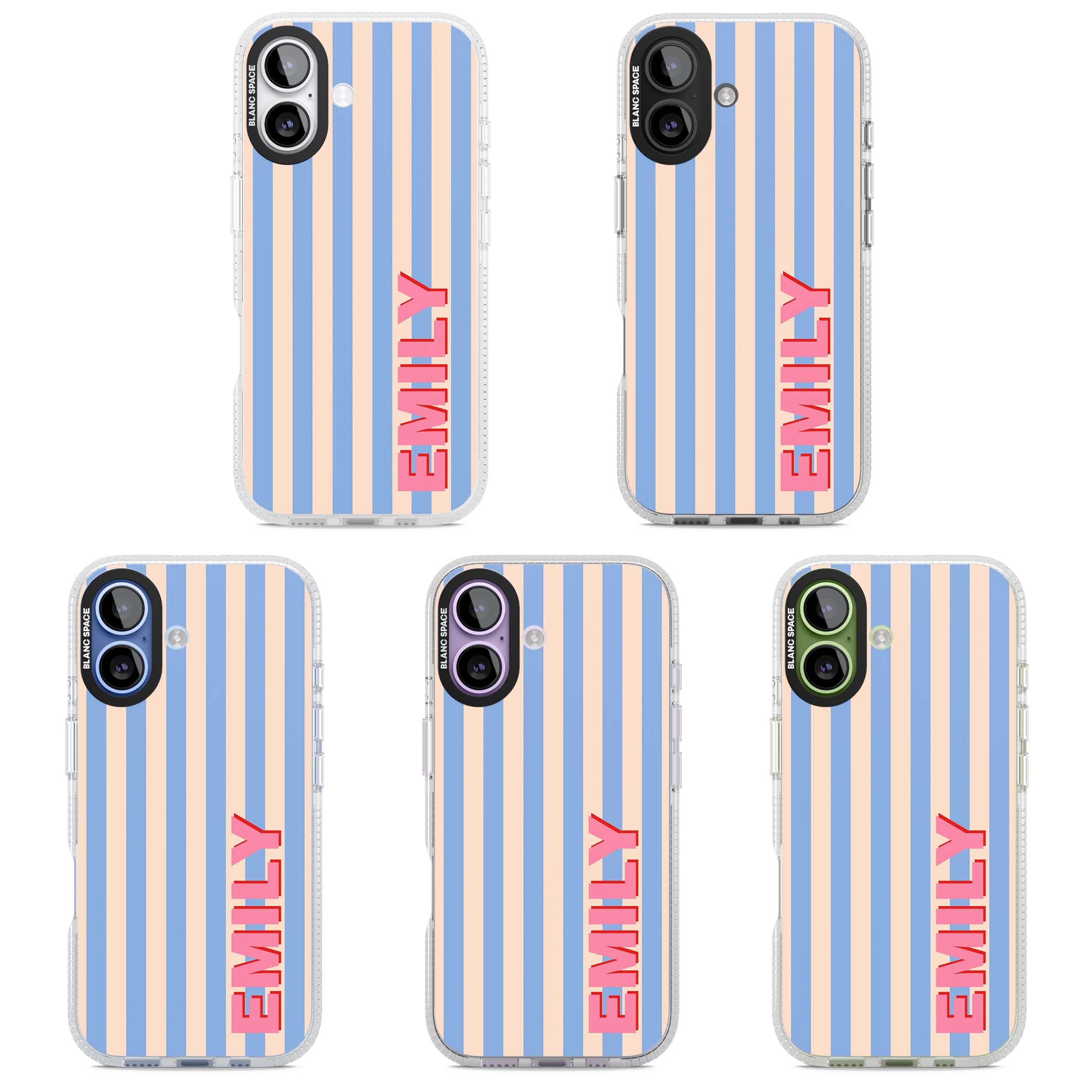 Coastal Stripe personalised coastal iPhone case with blue and peach vertical stripes and custom pink name | Clear Case Impact Air case for iPhone 17