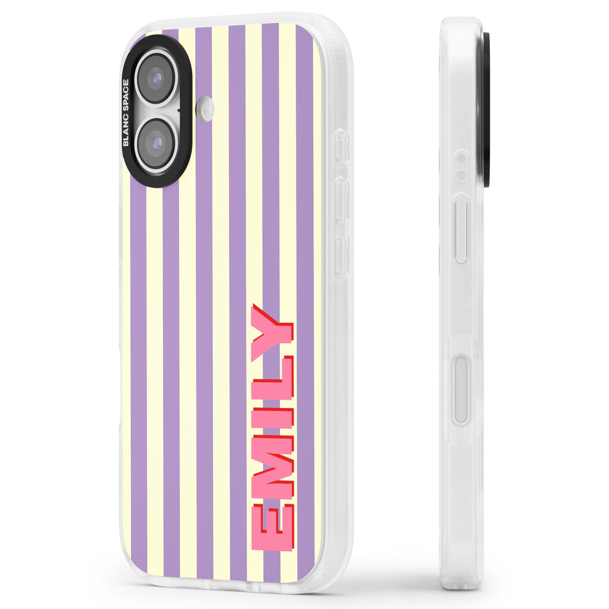 Valensole Stripe personalised iPhone case with purple and cream vertical stripes and pink custom name | Clear Case Impact Air case for iPhone 17