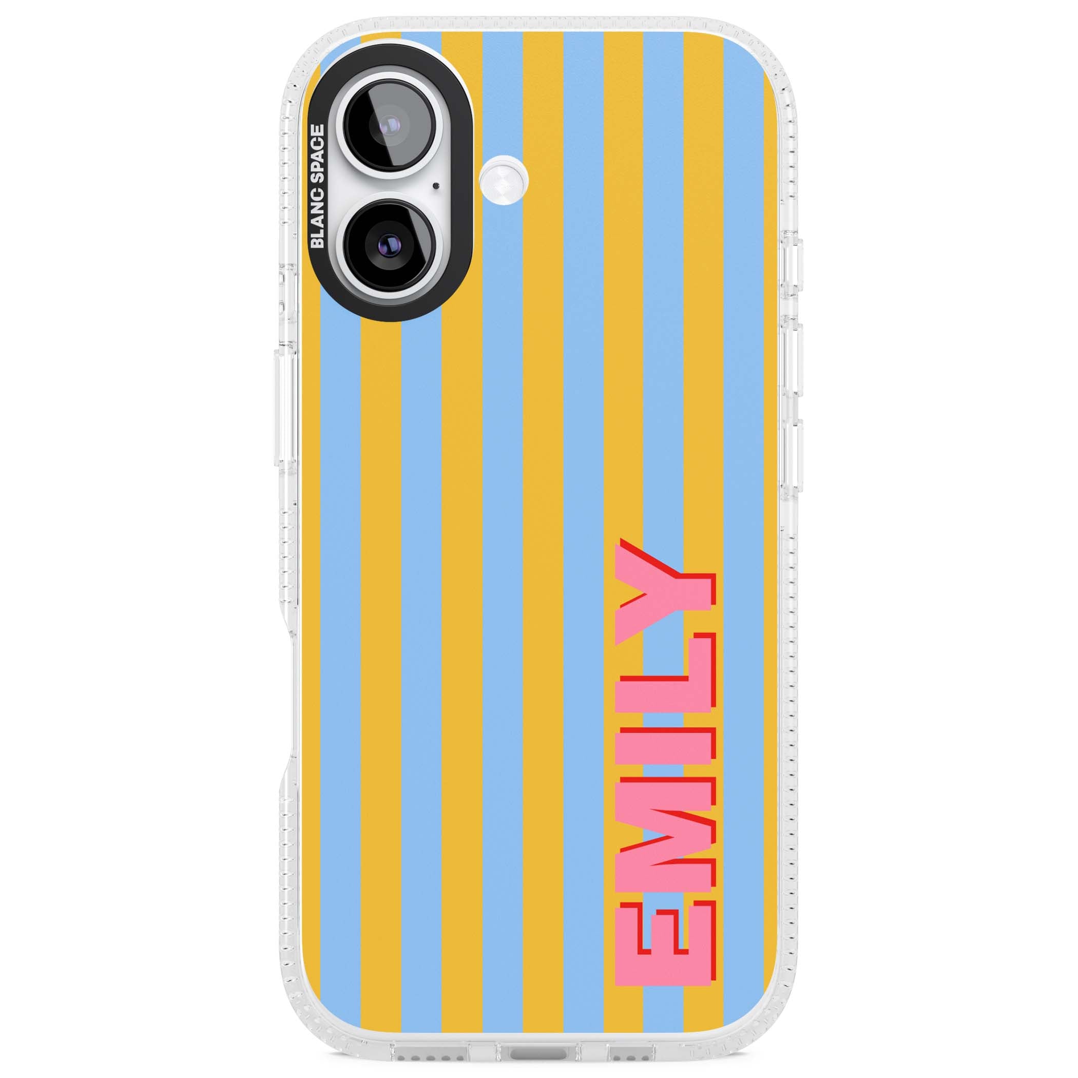 Carribean Stripe personalised coastal iPhone case with yellow and blue vertical stripes and a custom pink name | Clear Case Impact Air case for iPhone 17