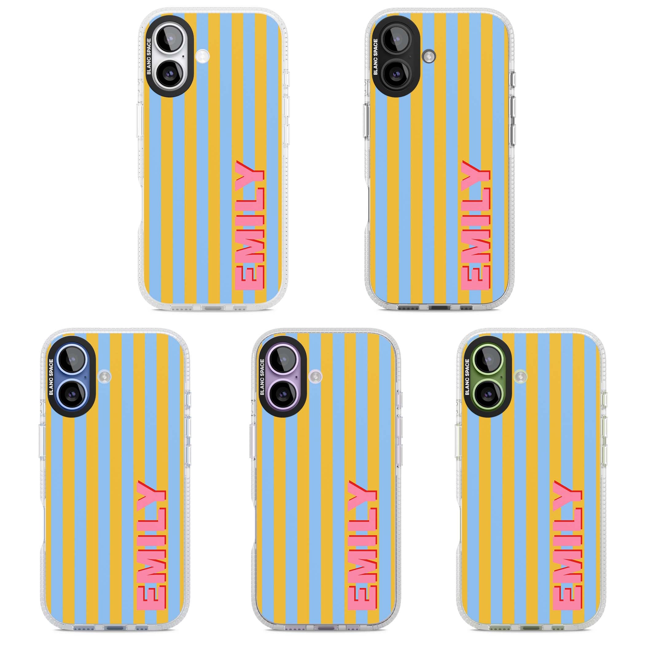 Carribean Stripe personalised coastal iPhone case with yellow and blue vertical stripes and a custom pink name | Clear Case Impact Air case for iPhone 17