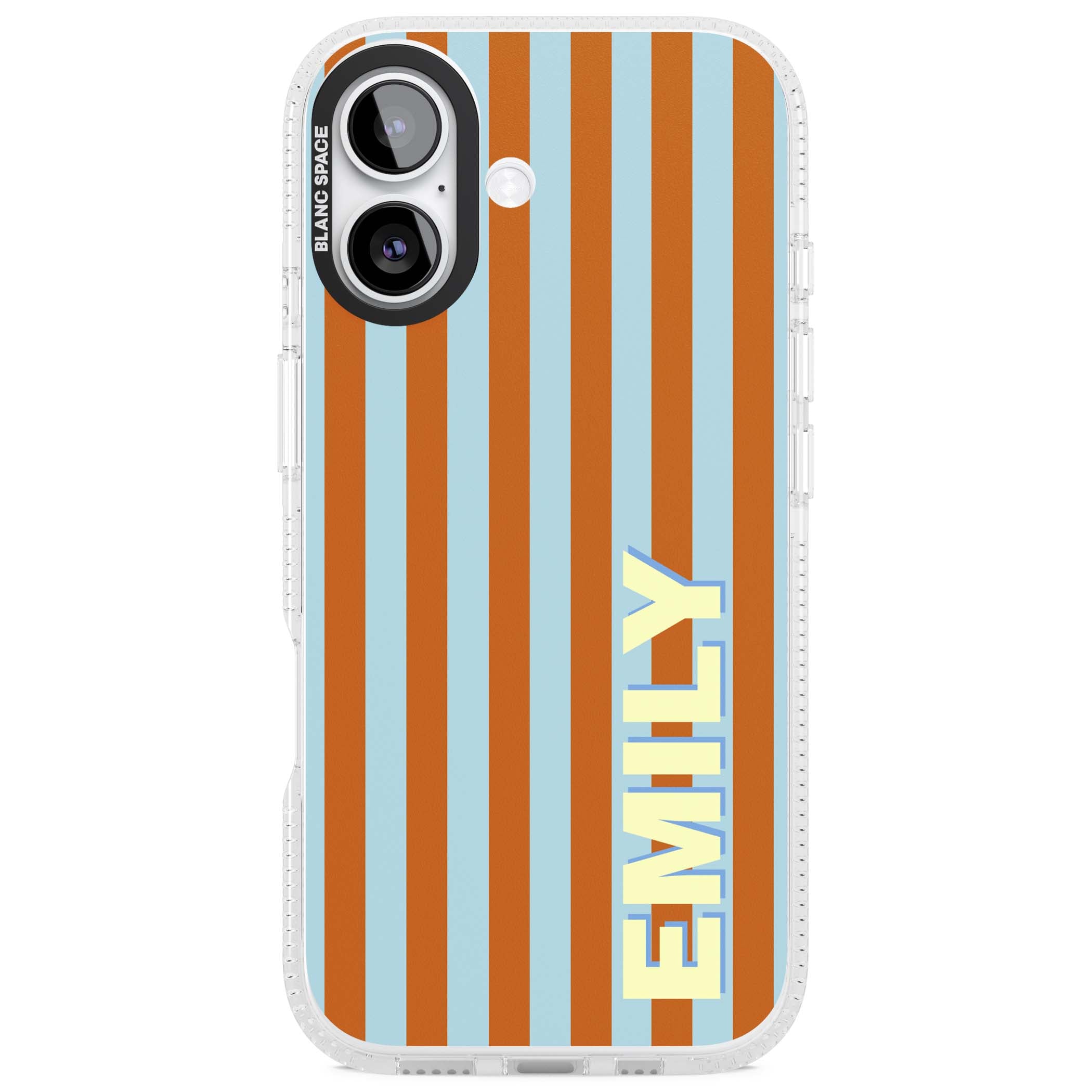 Cappadocia Stripe personalised coastal iPhone case featuring blue and orange vertical stripes with custom cream name | Clear Case Impact Air case for iPhone 17