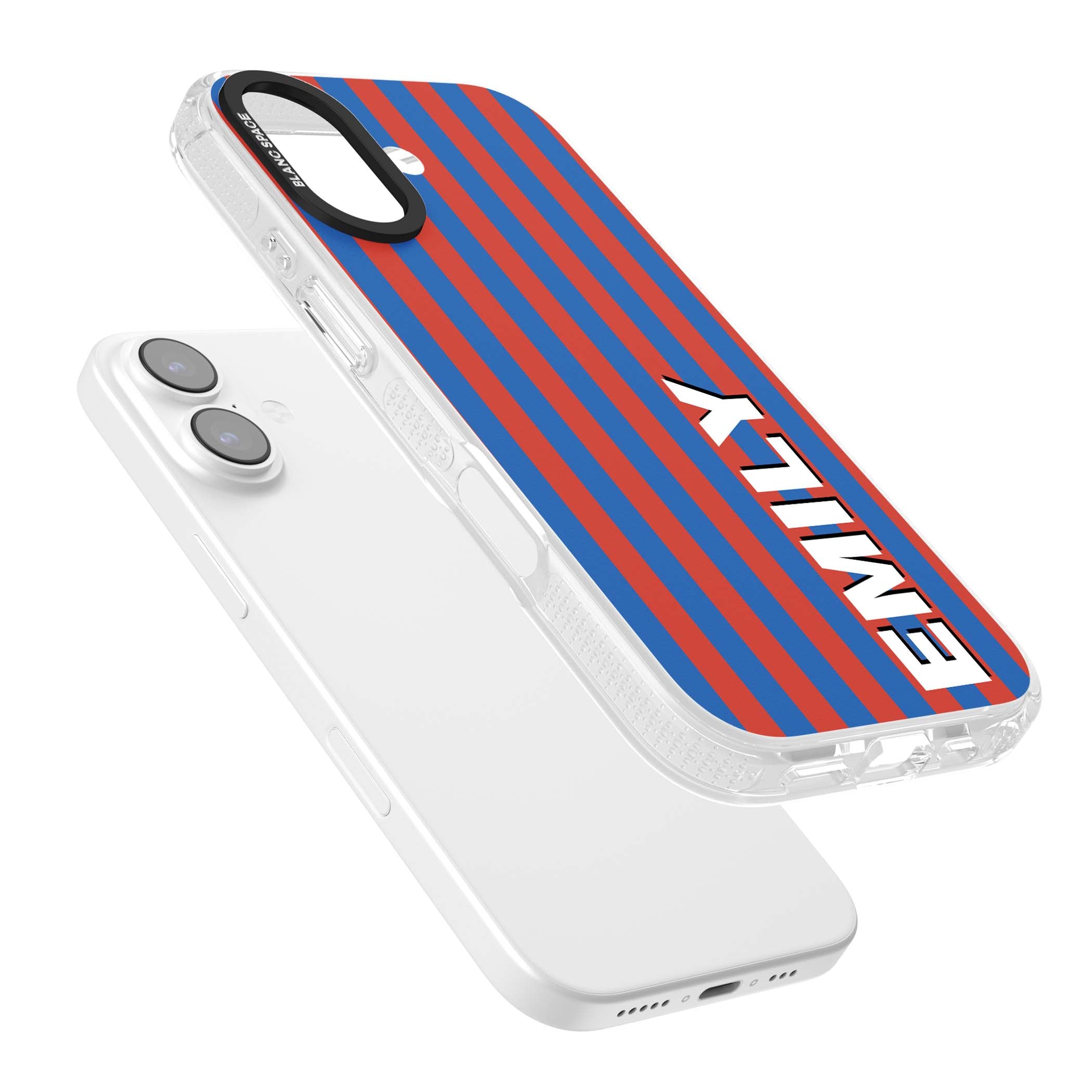 Cuban Stripe personalised iPhone case featuring red and blue vertical stripes with custom name in bold white letters | Clear Case Impact Air case for iPhone 17