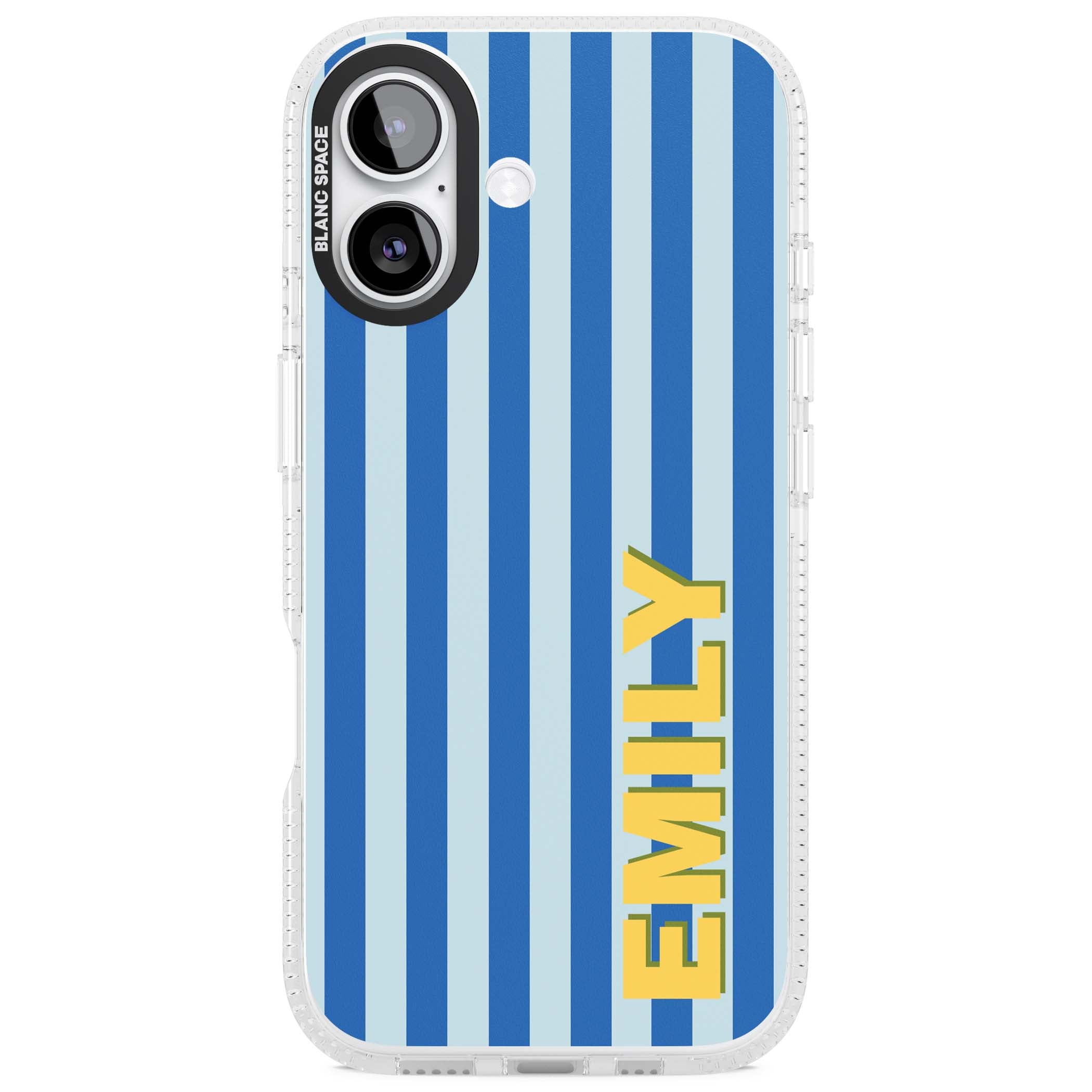 Athenian Stripe personalised preppy iPhone case featuring blue vertical stripes and a custom yellow name | Clear Case Impact Air case for iPhone 17