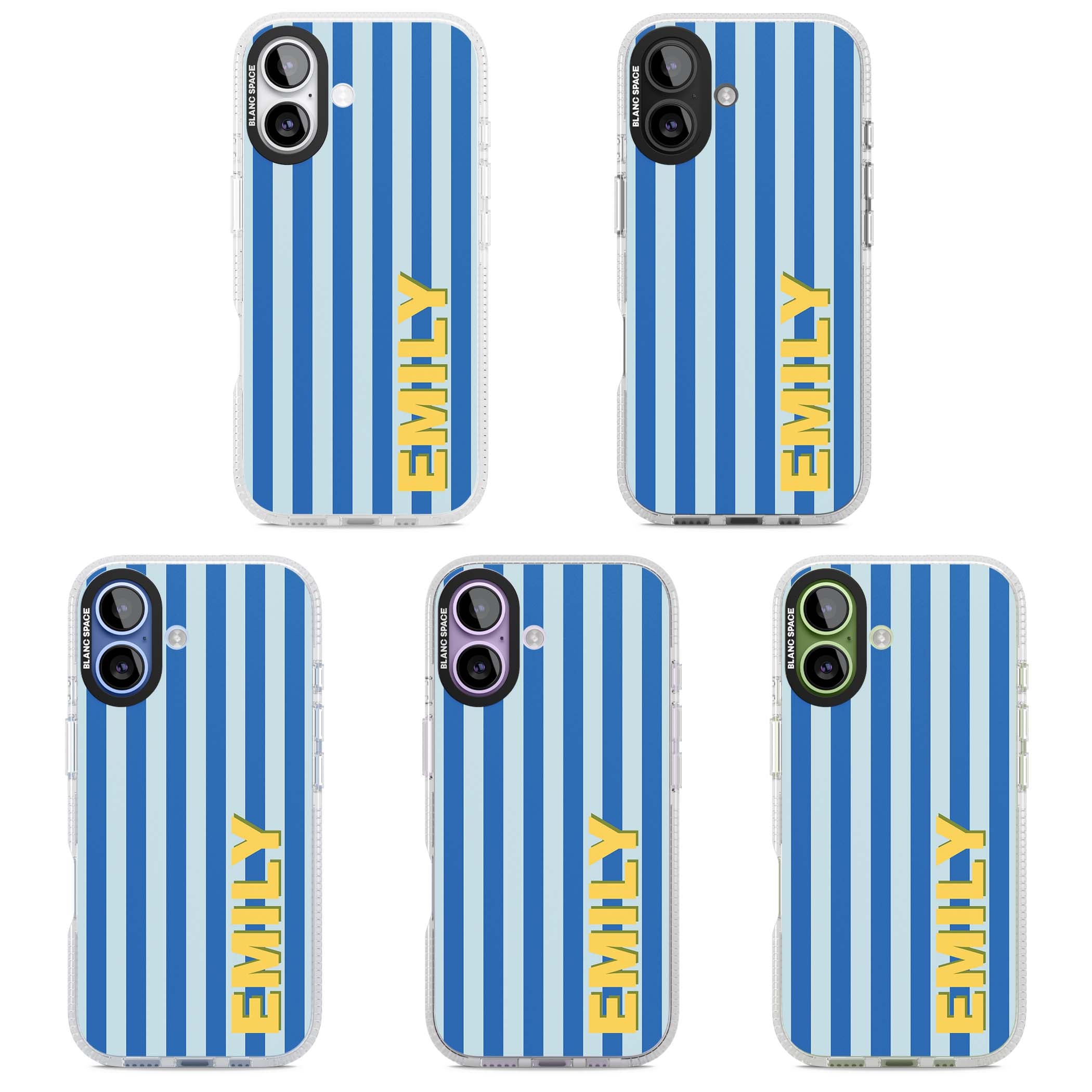 Athenian Stripe personalised preppy iPhone case featuring blue vertical stripes and a custom yellow name | Clear Case Impact Air case for iPhone 17