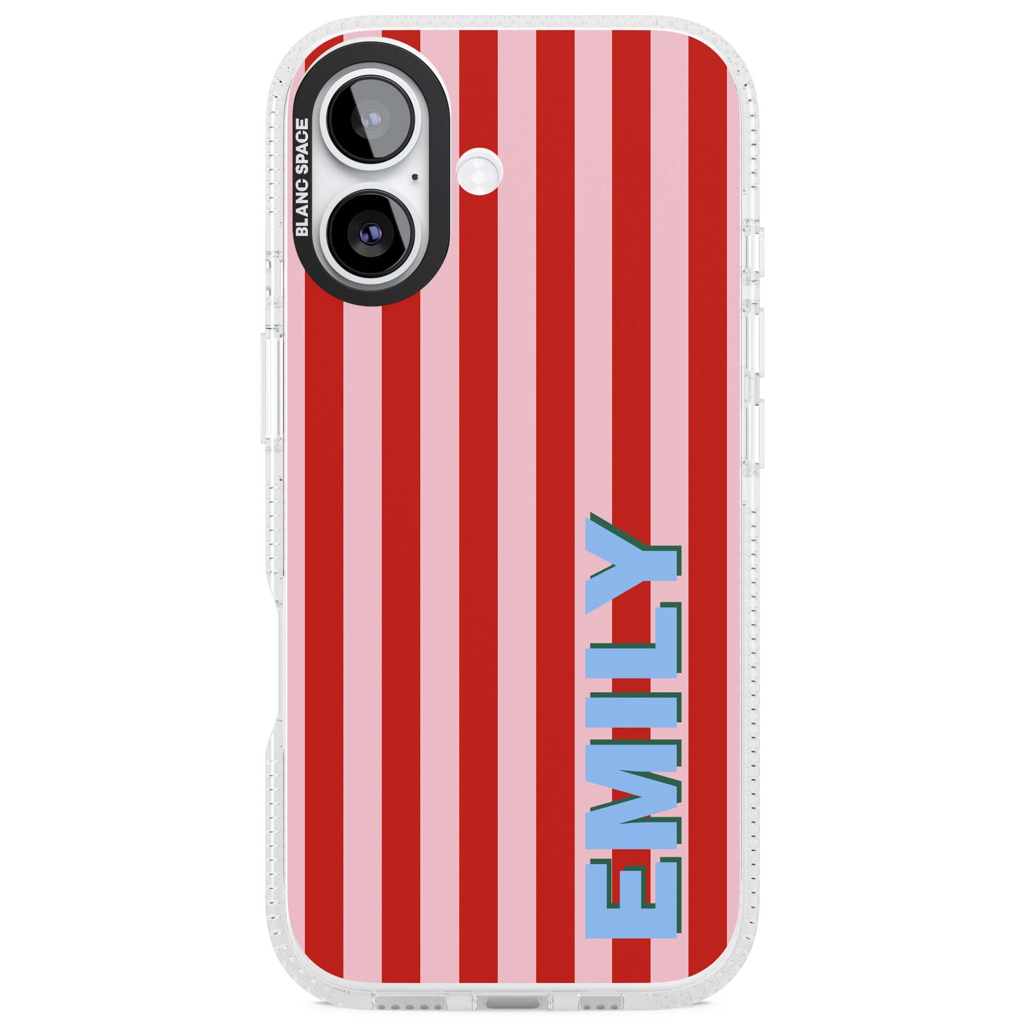 Market Stripe personalised iPhone case with red and pink vertical stripes and custom blue name | Clear Case Impact Air case for iPhone 17