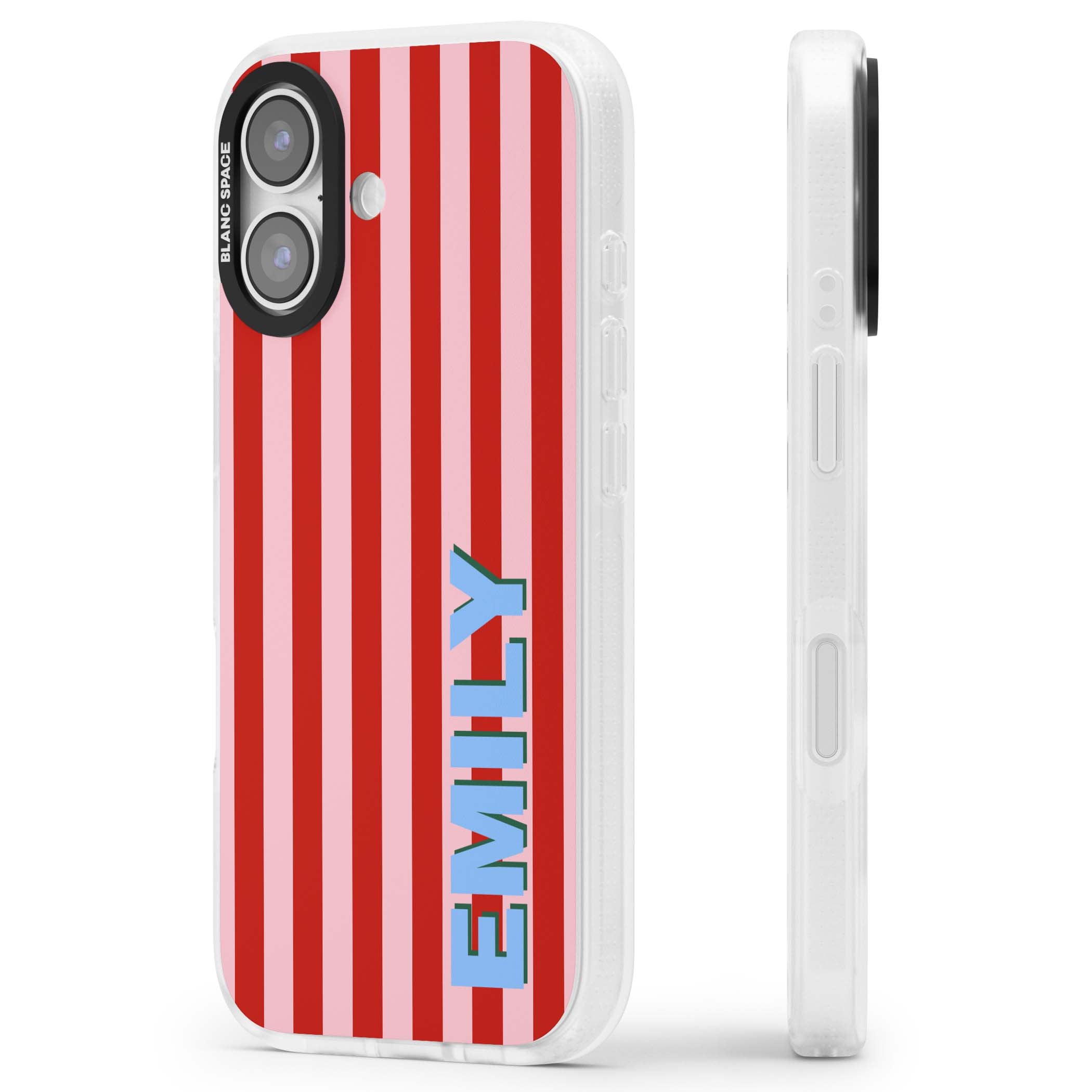 Market Stripe personalised iPhone case with red and pink vertical stripes and custom blue name | Clear Case Impact Air case for iPhone 17